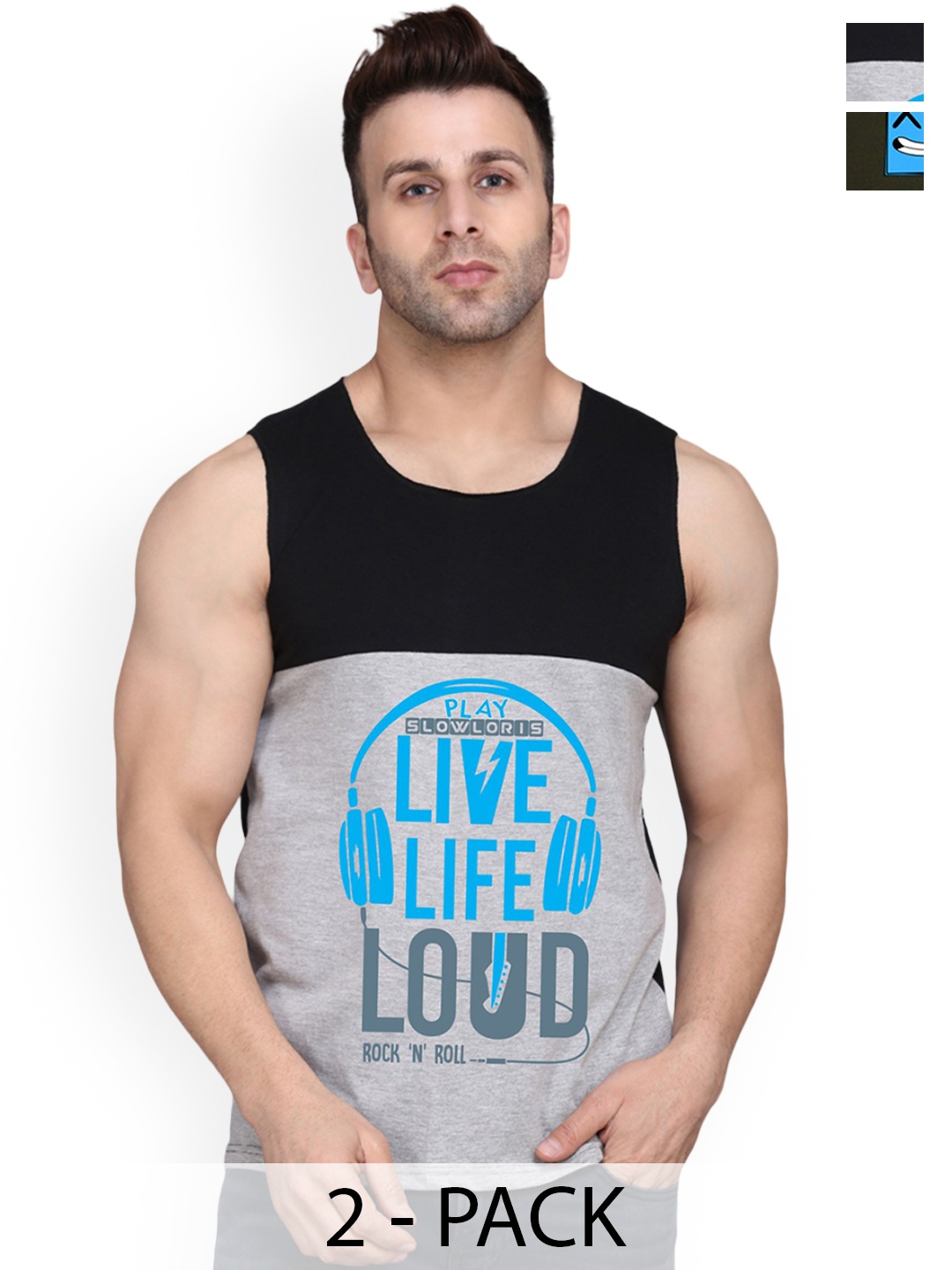 

SLOWLORIS Pack Of 2 Printed Innerwear Vests, Black
