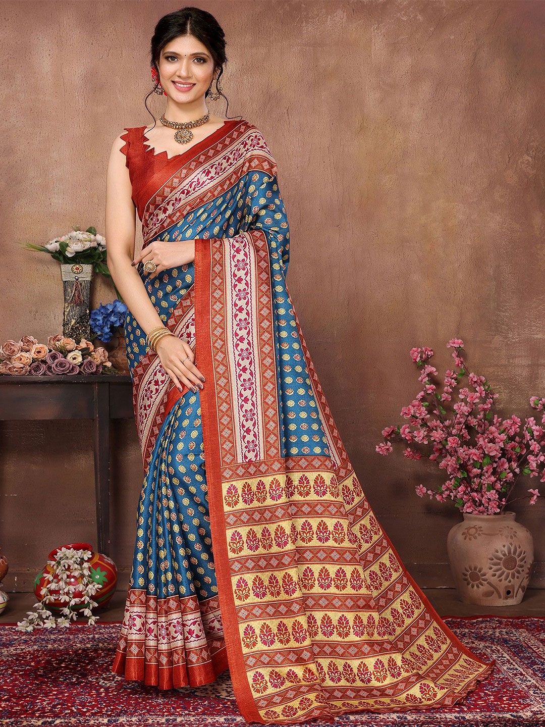

KALINI Floral Art Silk Mysore Silk Saree, Teal