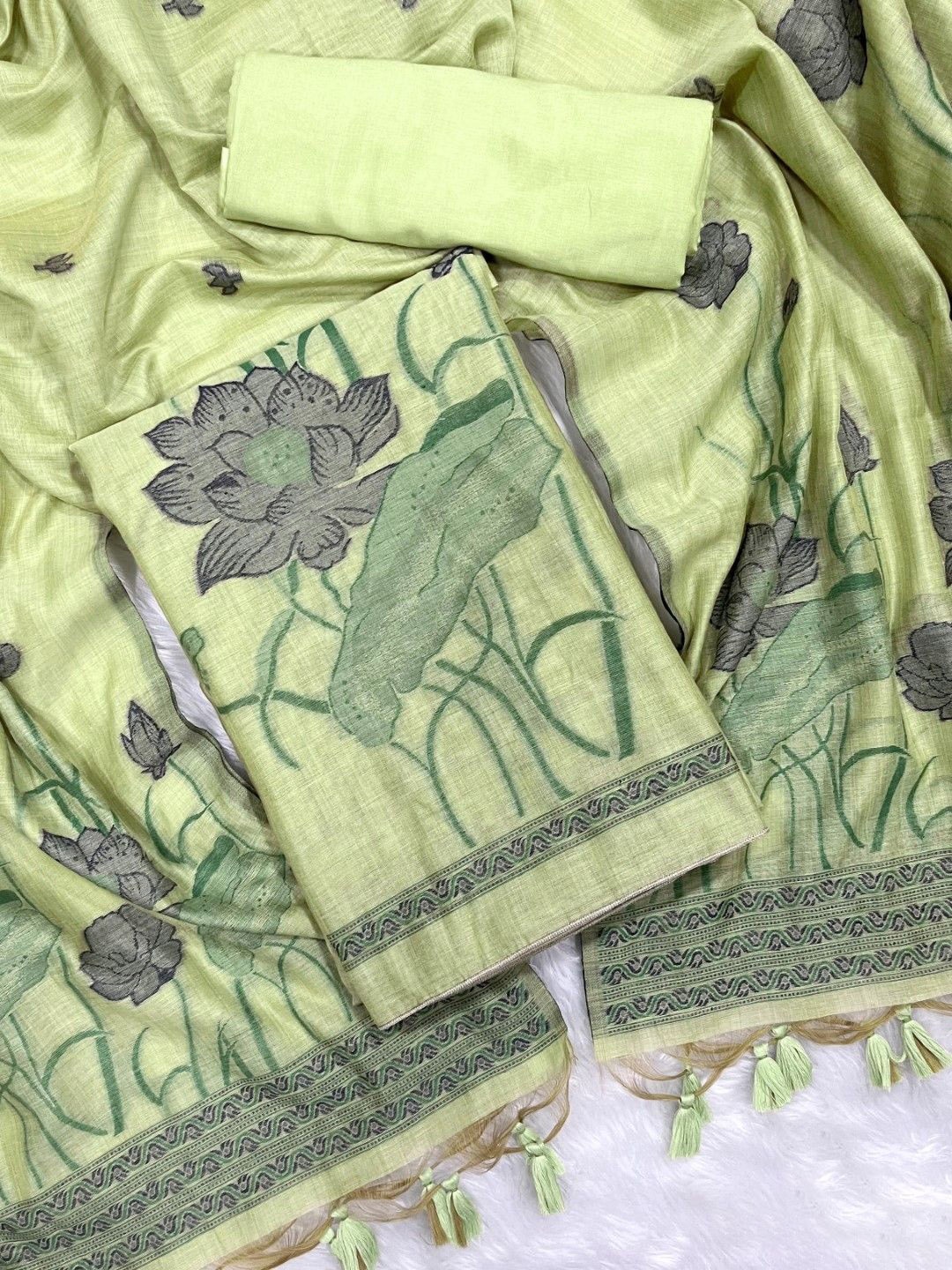 

ZARIMO Floral Woven Design Pure Cotton Unstitched Dress Material, Green