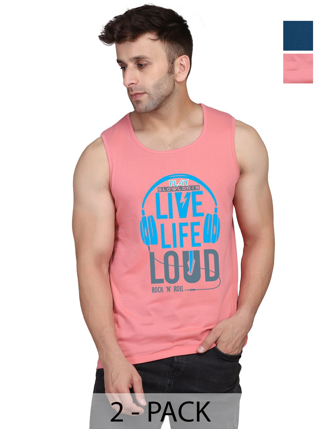 

SLOWLORIS Men Pack Of 2 Typography Printed Round Neck Cotton Slim Fit T-Shirts, Peach