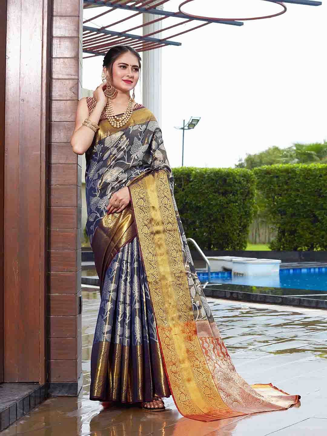 

JUST FASHION Woven Design Zari Banarasi Saree, Navy blue