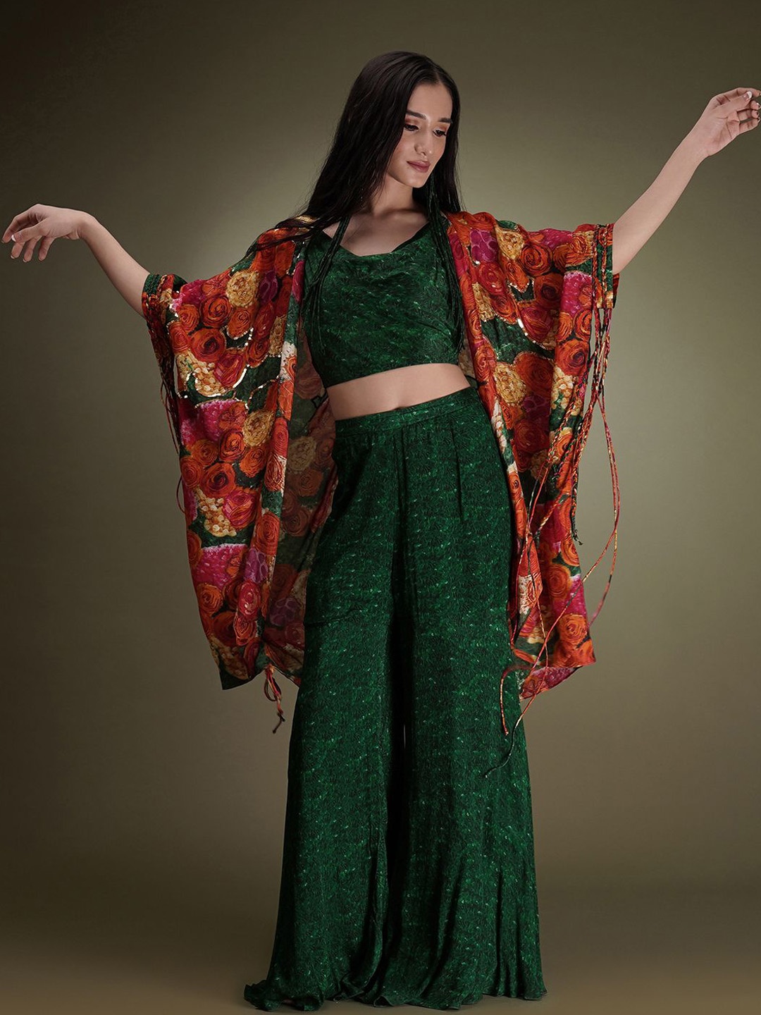 

Breathe by Aakanksha Singh Self-Design Crop Top With Sharara & Shrug, Green