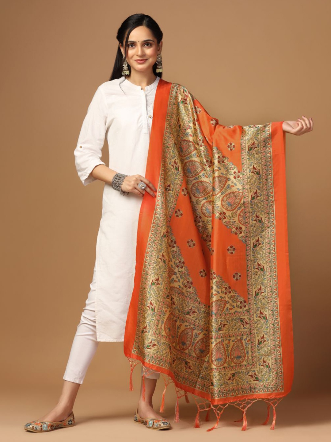 

Kaizen TEXO FAB Ethnic Motifs Printed Assam Silk Dupatta, Orange