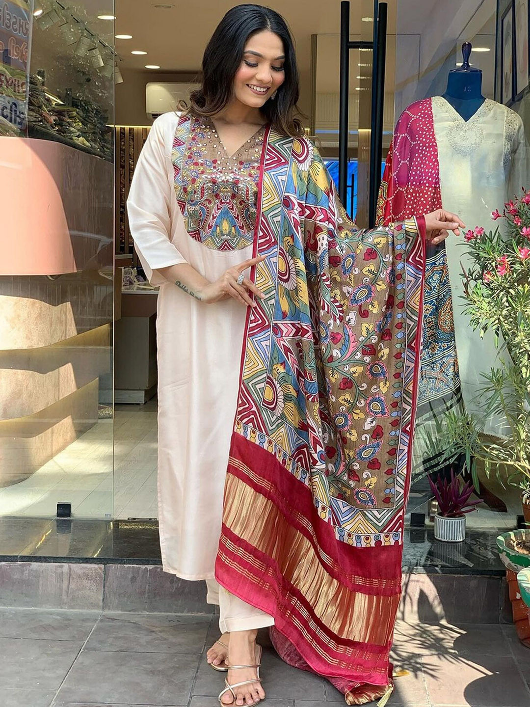 

KALINI Ethnic Motifs Yoke Design Regular Straight Kurta with Trousers & Dupatta, Beige