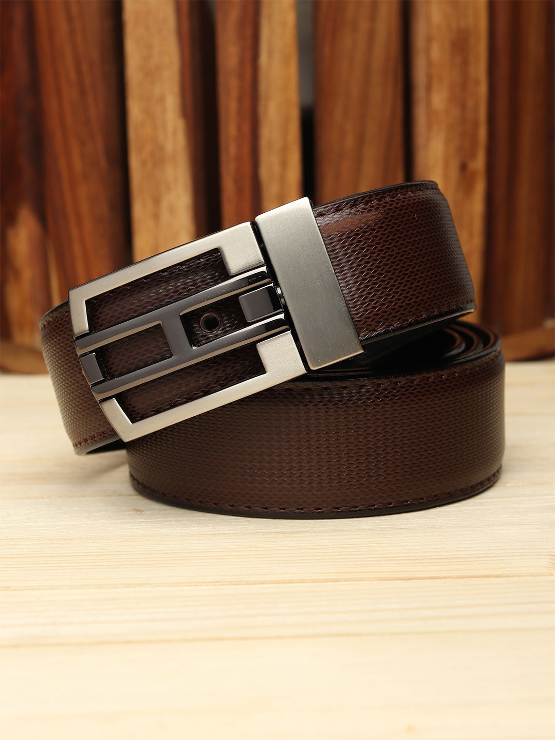 

WINSOME DEAL Men Push Pin Closure Textured Formal Belt, Brown