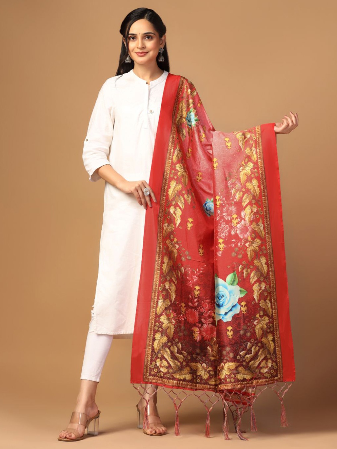 

Kaizen TEXO FAB Floral Printed Assam Silk Dupatta, Red