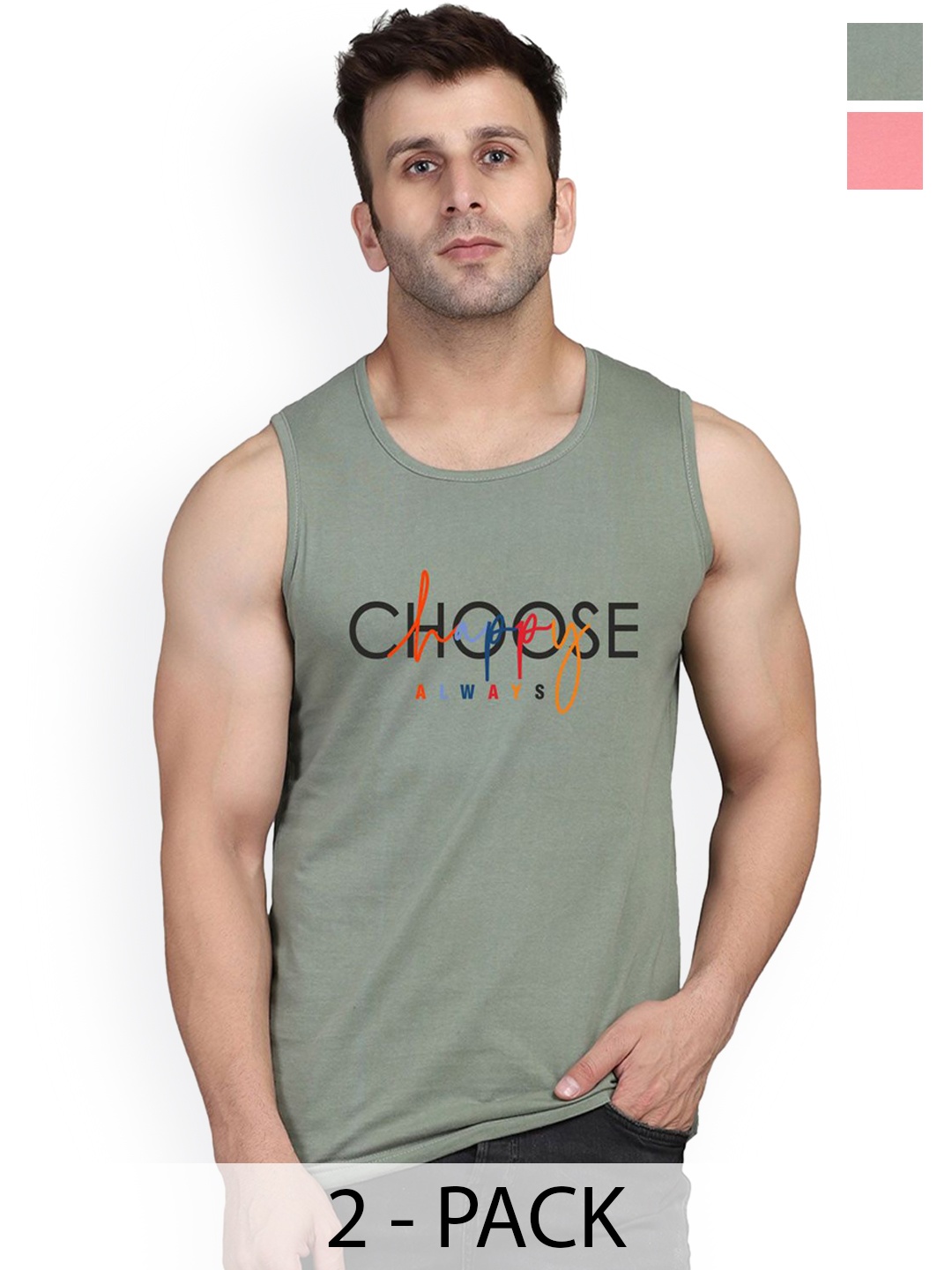 

SLOWLORIS Men Pack Of 2 Printed Gym Vests, Peach