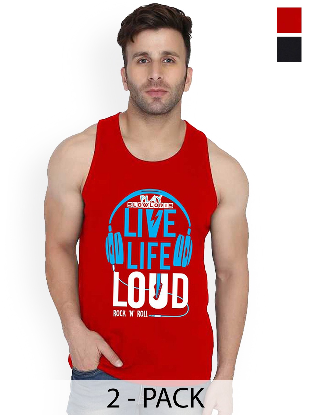

SLOWLORIS Pack Of 2 Men Printed Gym Vests, Red