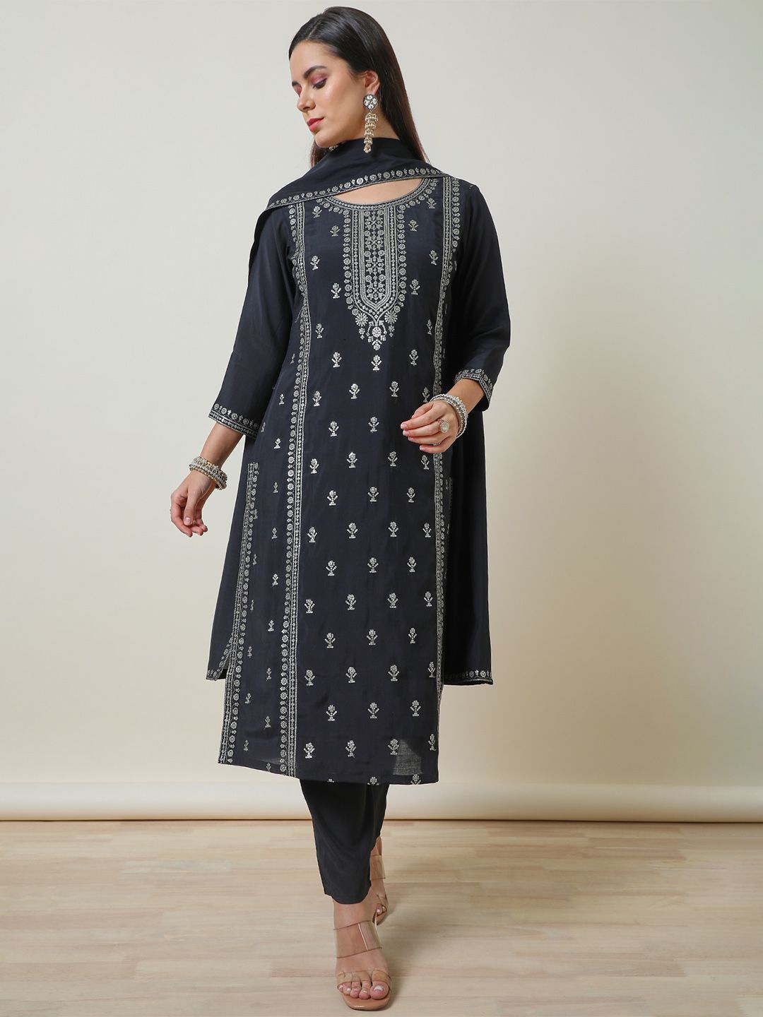 

Soch Women Floral Embroidered Regular Sequinned Kurta with Trousers & With Dupatta, Black