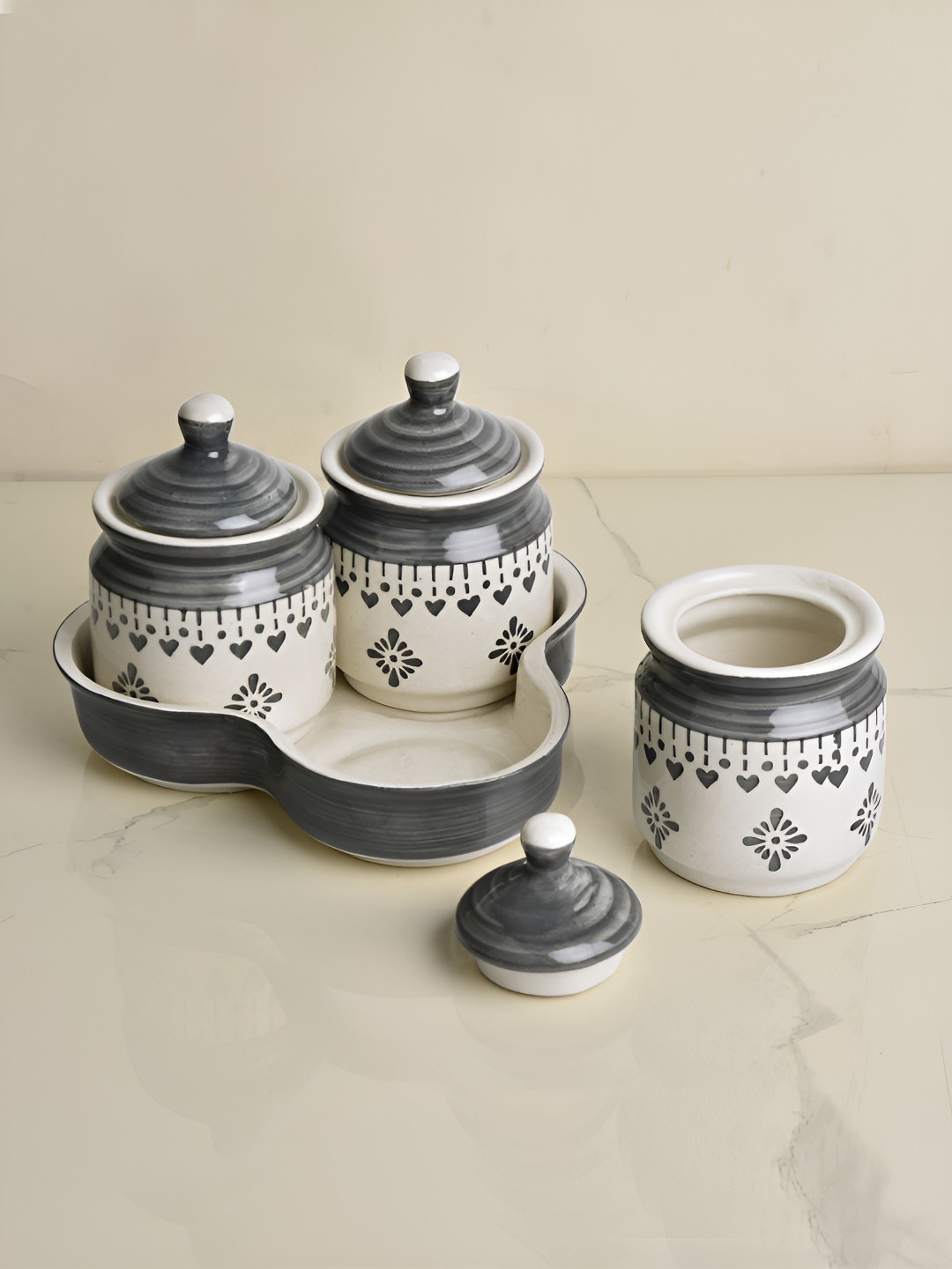 

StyleMyWay 3 Pcs Ceramic Off White & Grey Pickle Jar Set with Tray