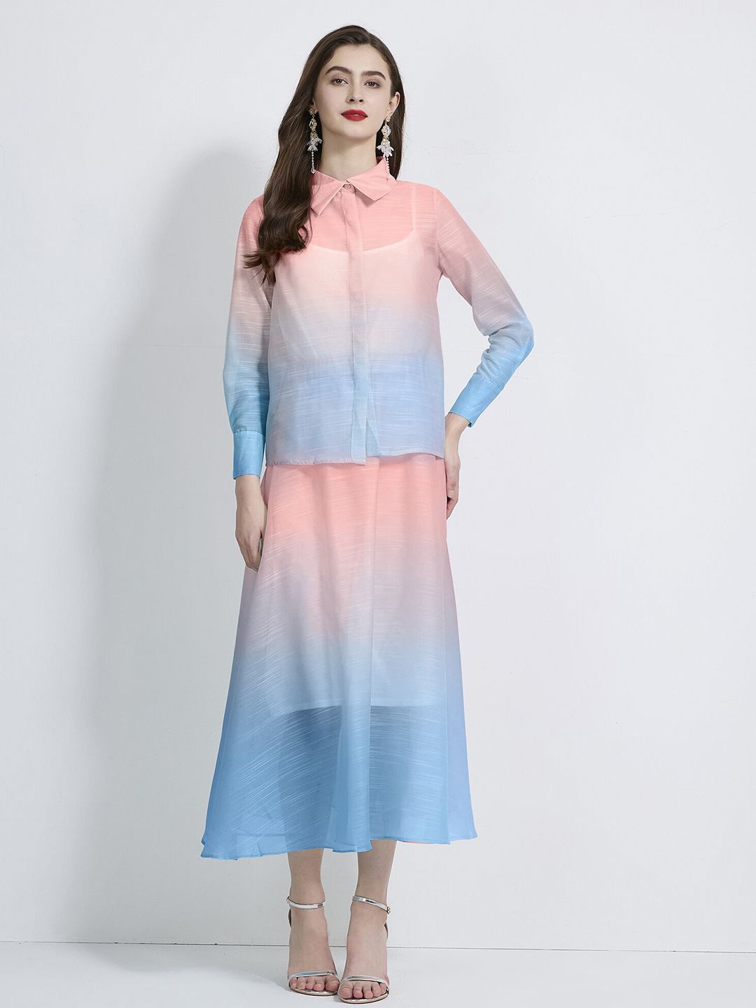 

JC Collection Ombre Printed Cuffed Sleeves Casual Shirt With Midi Skirt, Blue