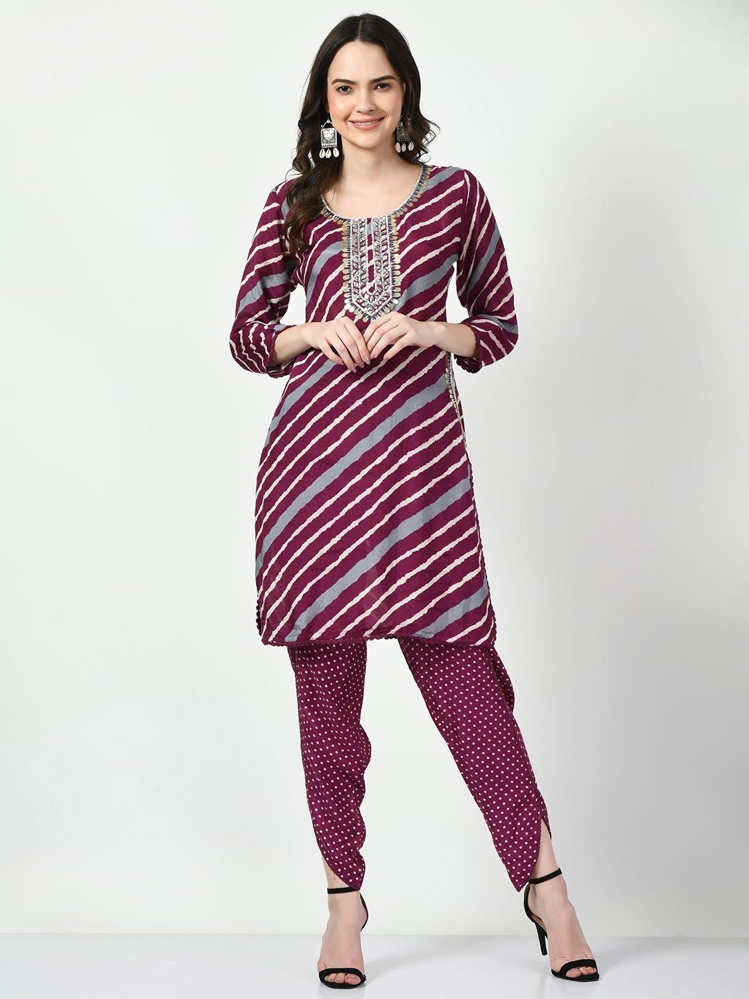 

Navvi Printed Pure Cotton Tunic With Trouser Co-Ords, Purple