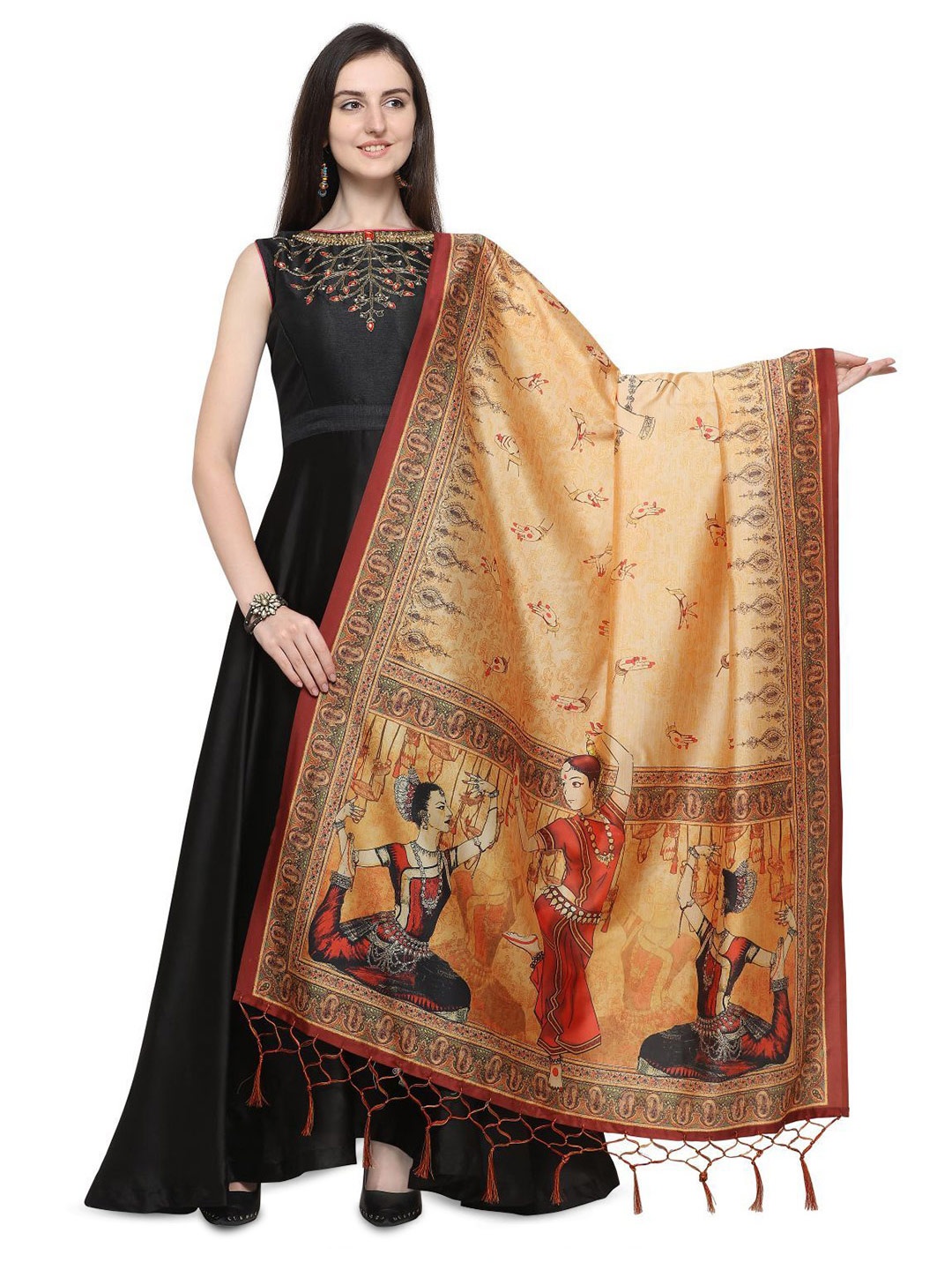 

Kaizen TEXO FAB Ethnic Motifs Printed Assam Silk Tasselled Dupatta, Red