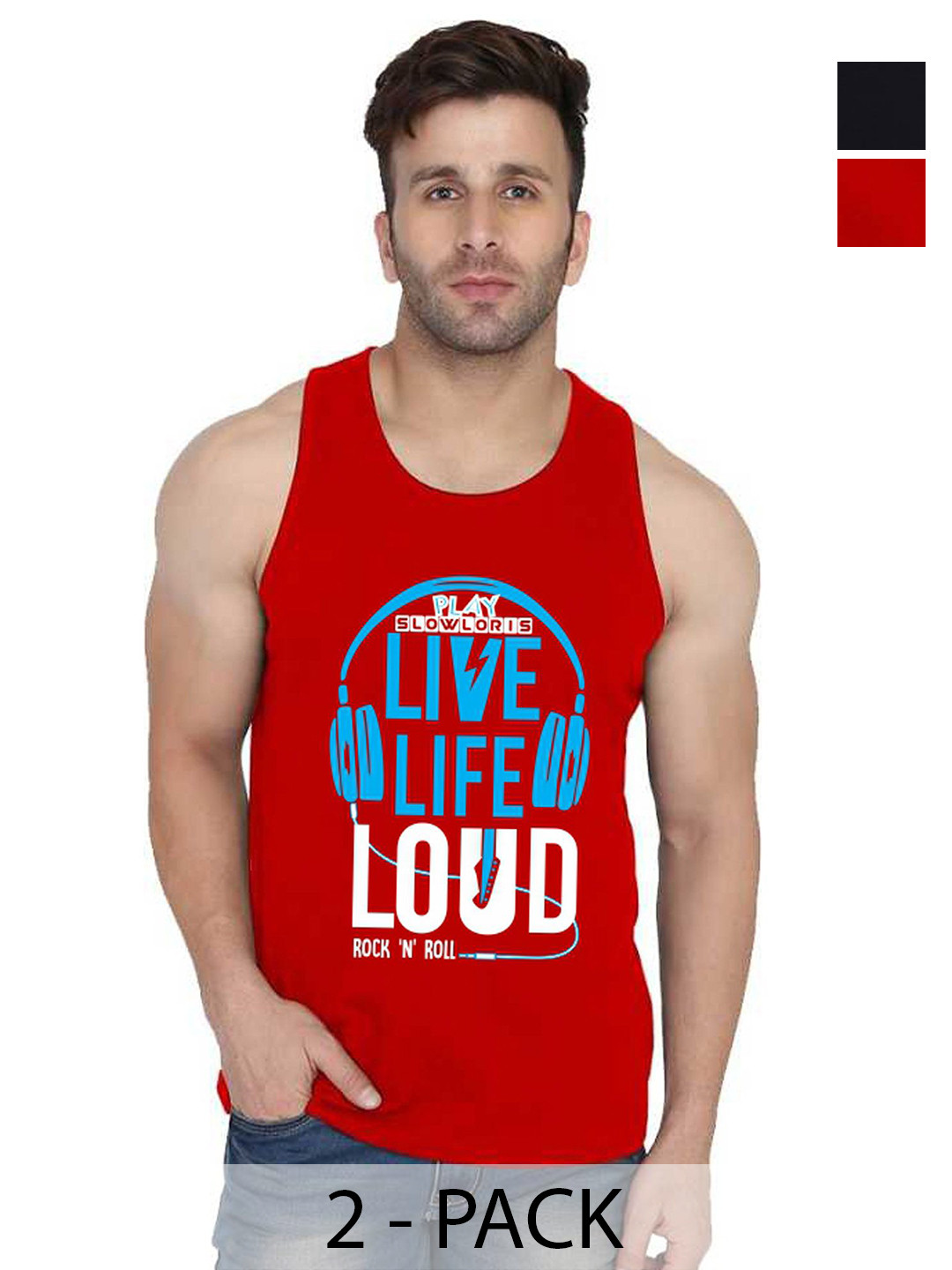 

SLOWLORIS Men Pack Of 2 Typography Printed Round Neck Cotton Slim Fit T-Shirts, Red