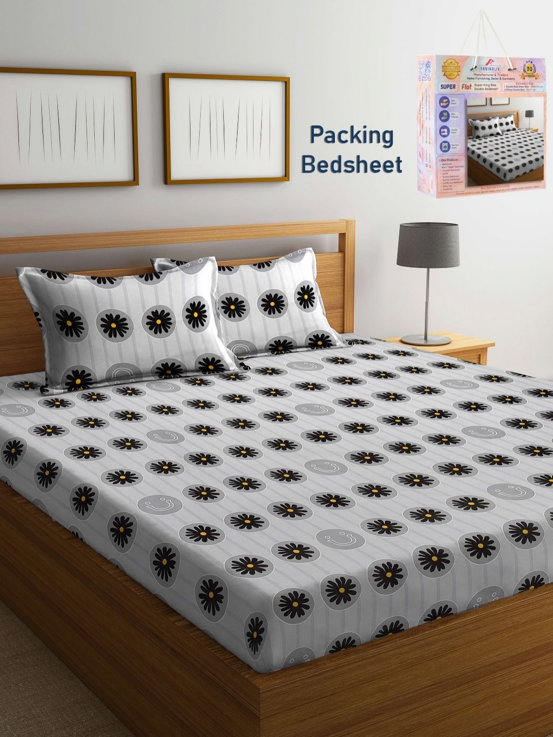 

FABINALIV Grey & Black Floral 300 TC King Bedsheet with 2 Pillow Covers