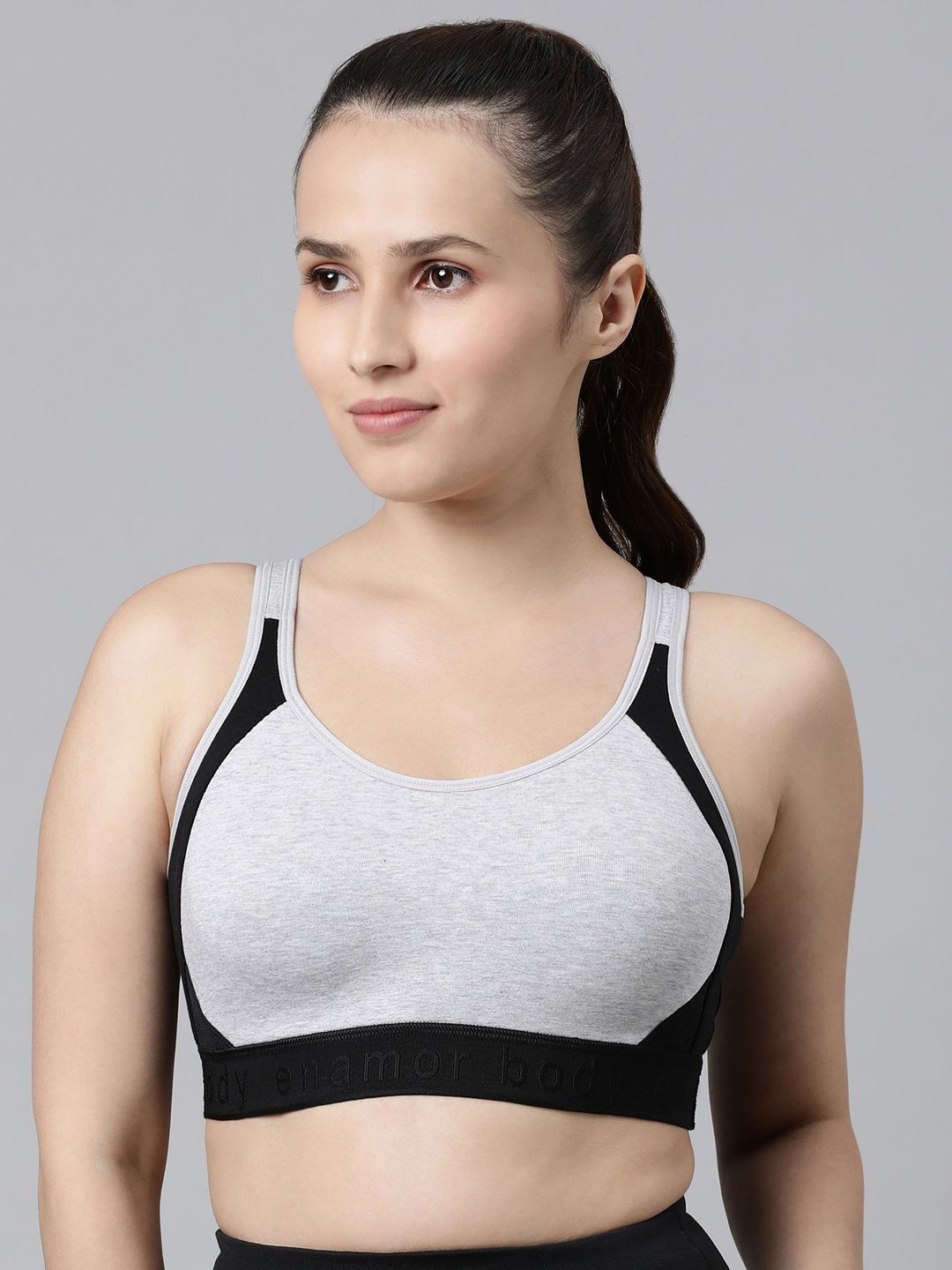 

Enamor Non Padded Wirefree High Coverage Antimicrobial Side Shaper Active Sports Bra Sb28, Grey melange