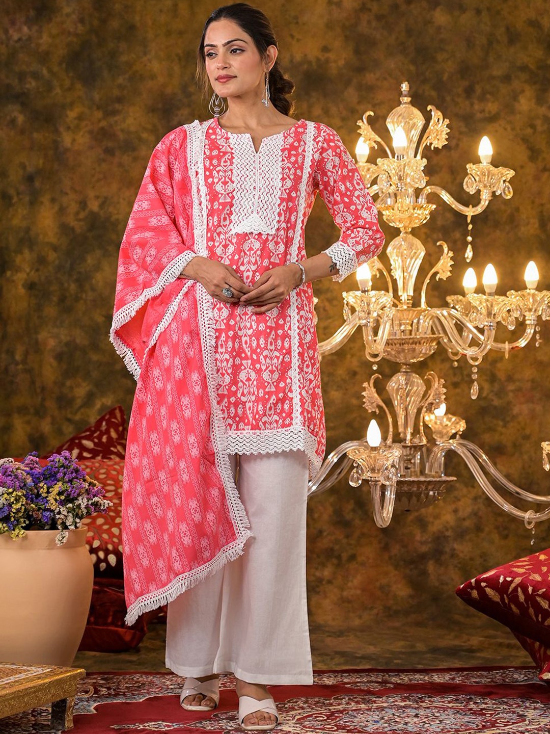 

Vastramyaa Women Paisley Printed Panelled Pure Cotton Kurta with Palazzos & With Dupatta, Peach