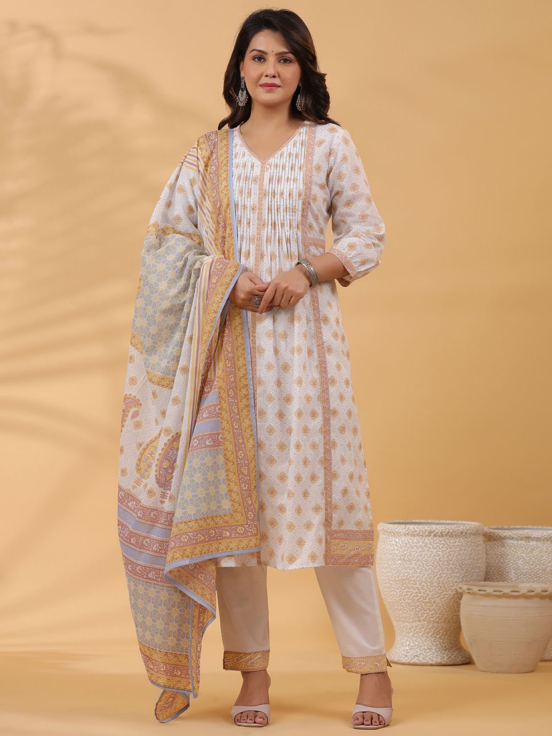 

Readiprint Fashions Women Floral Printed Pleated Aari Work Pure Cotton Kurta with Trousers & With Dupatta, White