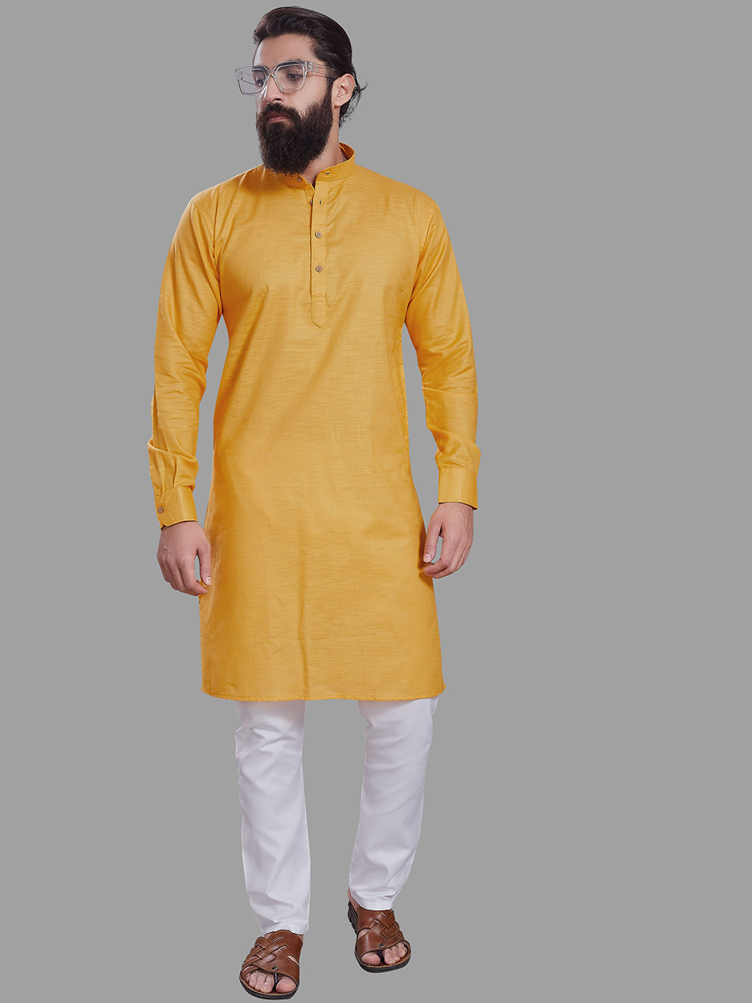 

DIVISIVE Mandarin Collar Long Sleeves Cotton Straight Kurta, Yellow