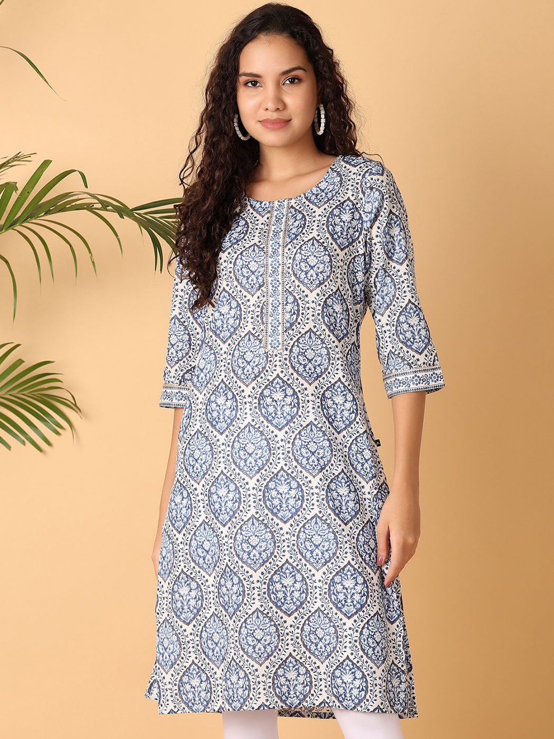 

UNLIMITED Ethnic Motifs Printed Gotta Patti Yoke Design Straight Cotton Kurta, Blue