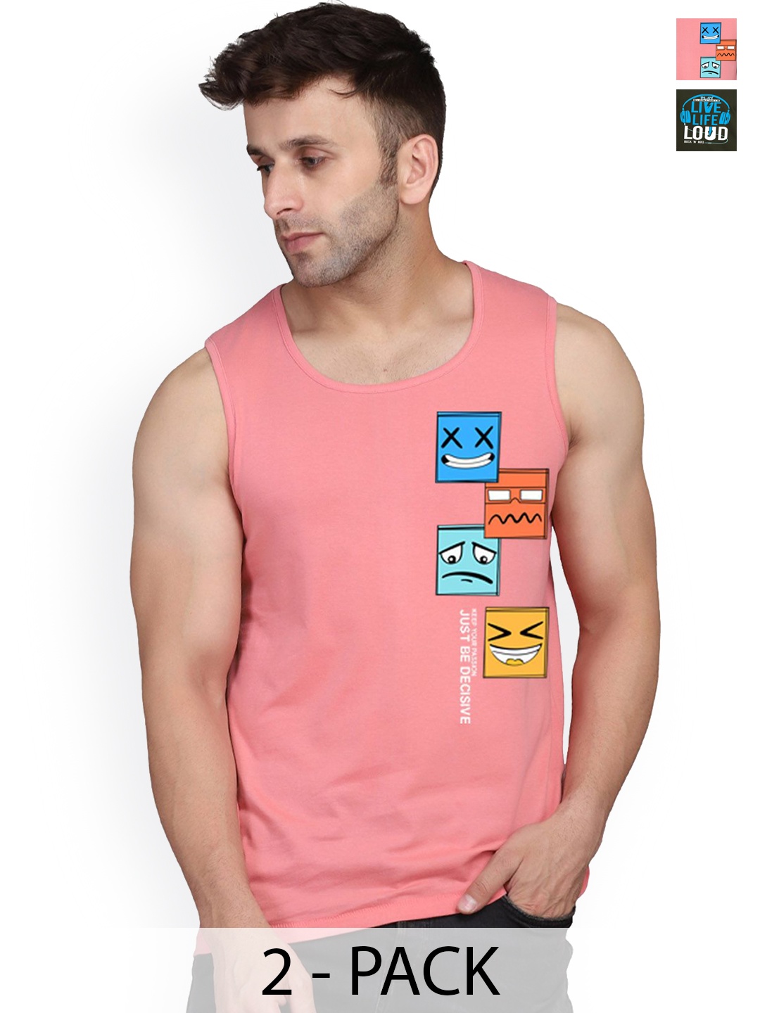

SLOWLORIS Pack Of 2 Printed Gym Innerwear Vests SL26 COMBO (LOUD OLIVE) (JUST PEACH)