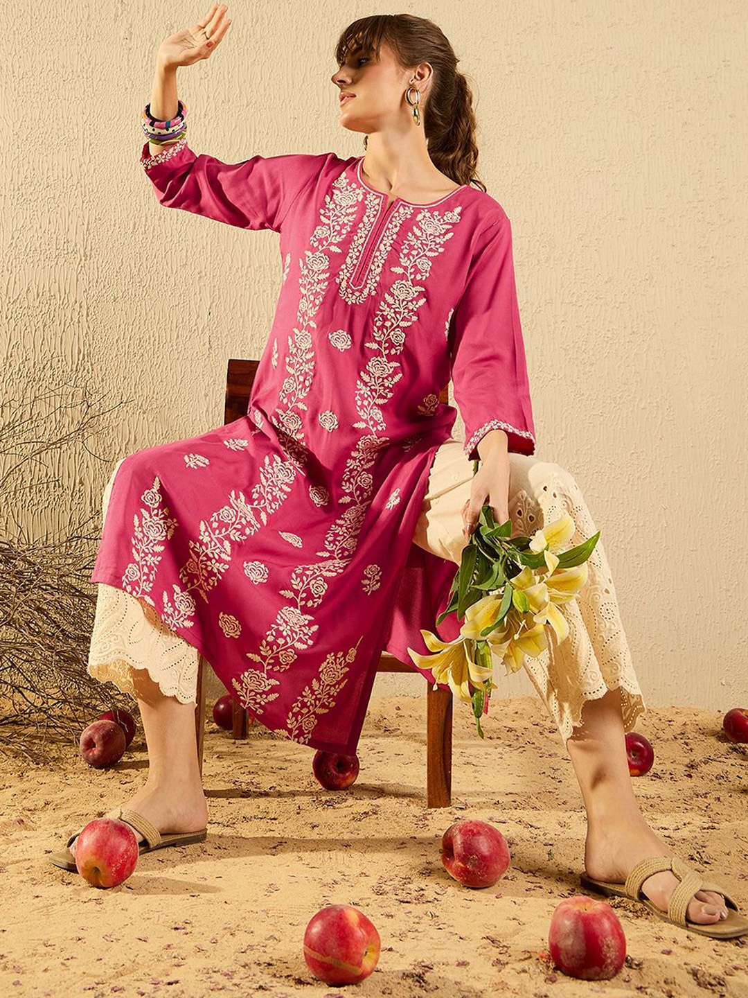 

Indo Era Embroidered Straight Kurta, Pink