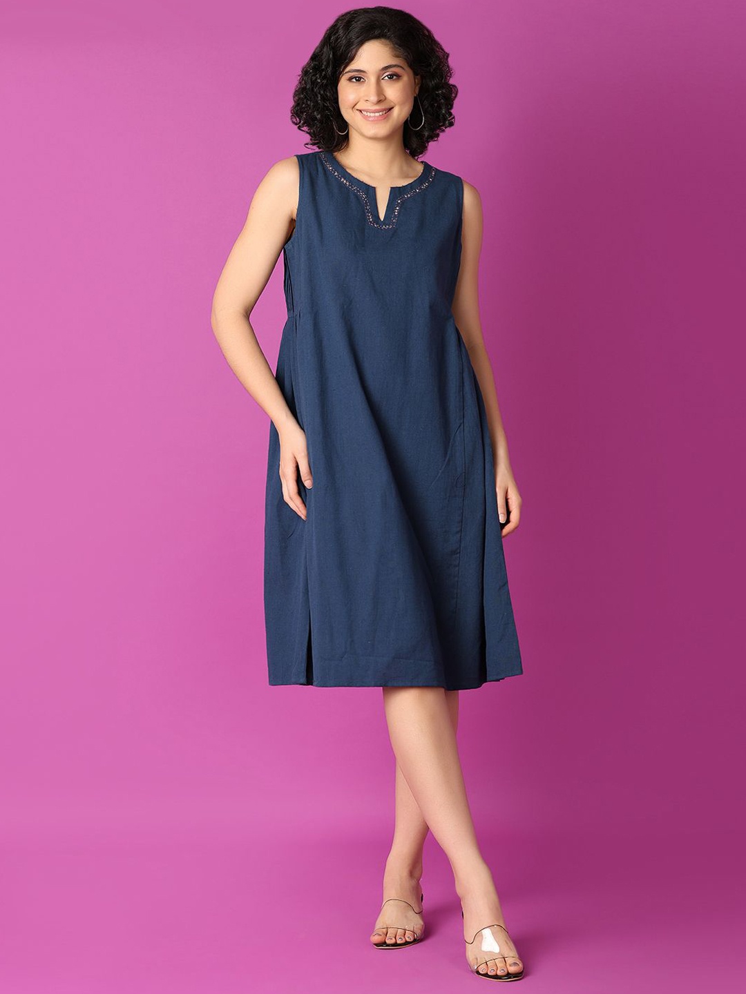 

UNLIMITED Thread Work Sequinned Pleated Sleeveless A-Line Cotton Dress, Blue