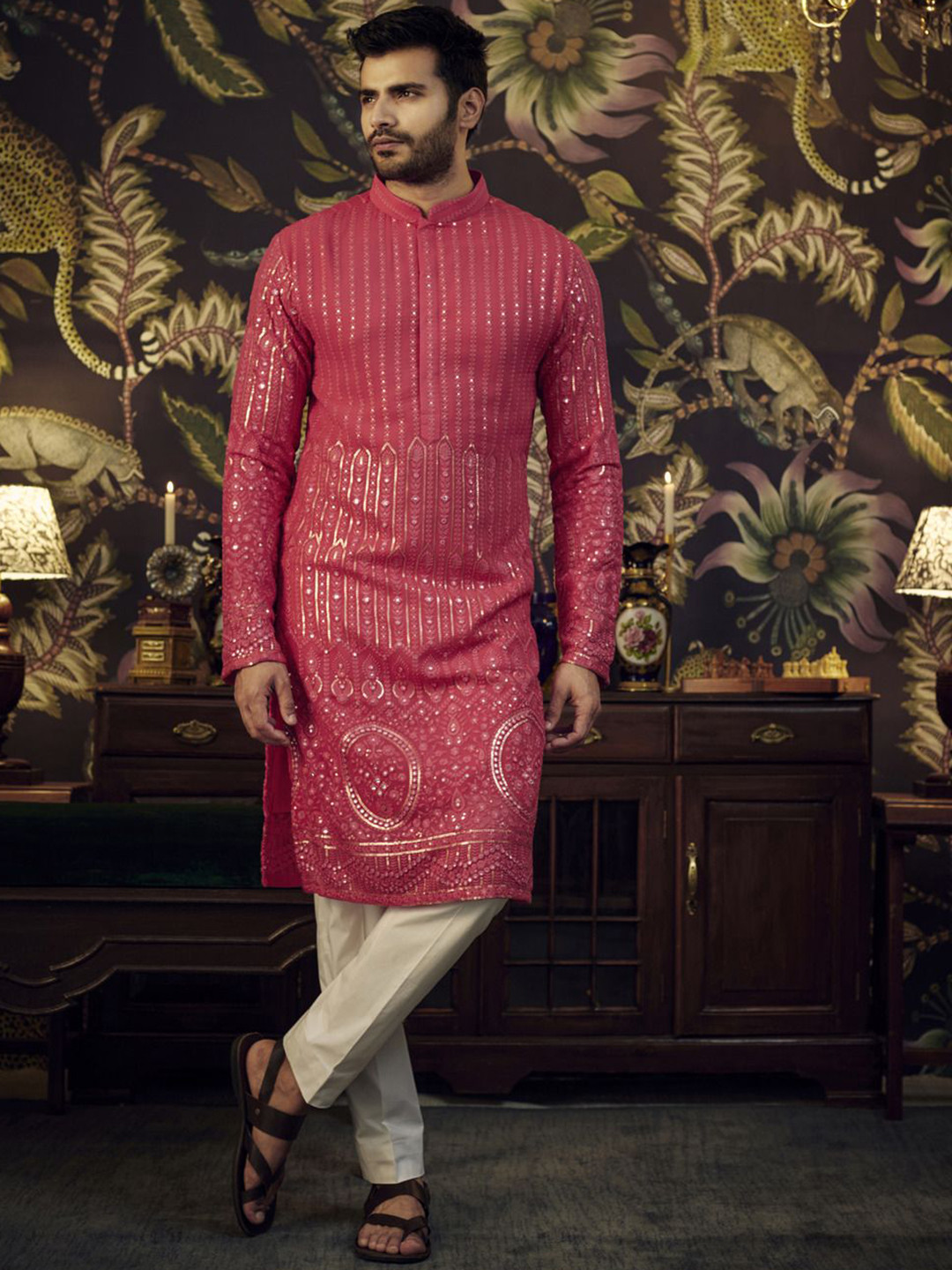 

KASBAH CLOTHING NISHCHAIY SAJDEH Floral Embroidered Sequins Georgette Kurta, Pink