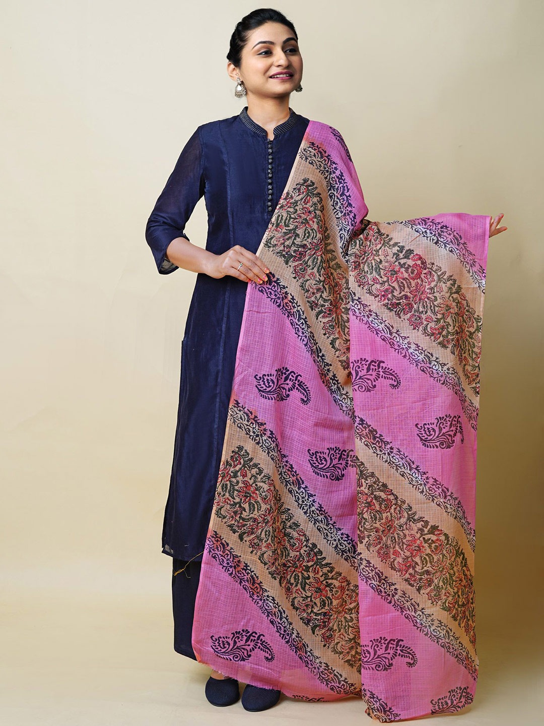

Unnati Silks Ethnic Motifs Printed Cotton Silk Dupatta, Pink