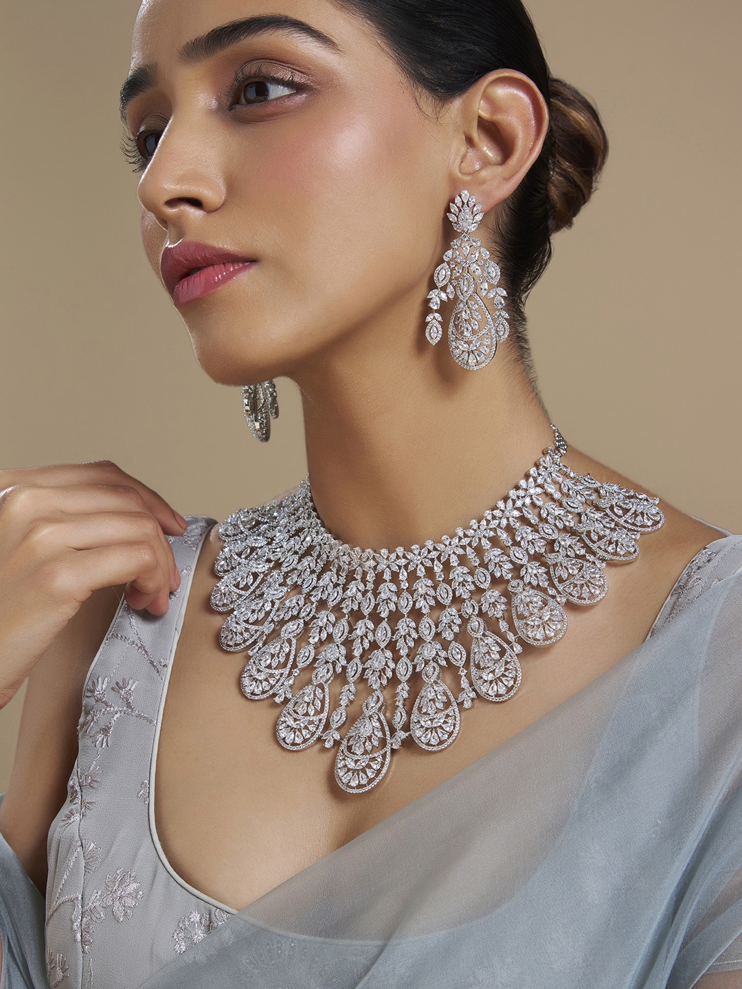

Kushal's Fashion Jewellery Rhodium-Plated Zircon-Studded Jewellery Set, Silver