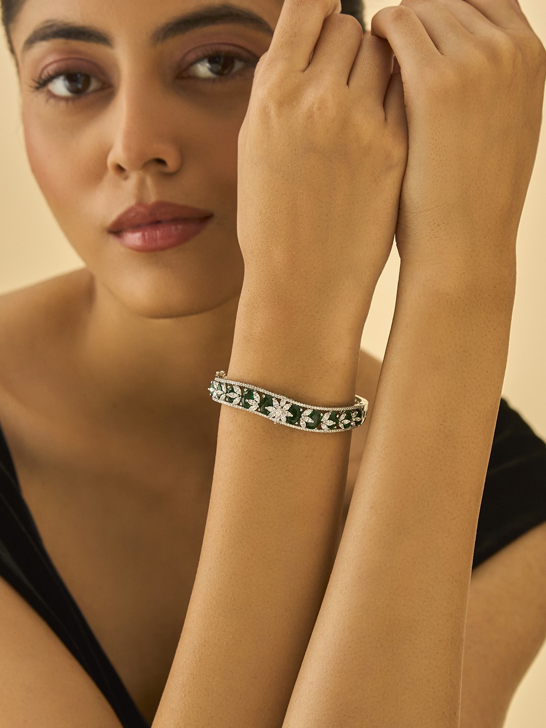

Kushal's Fashion Jewellery Rhodium-Plated Cubic Zirconia Kada Bracelet, Silver