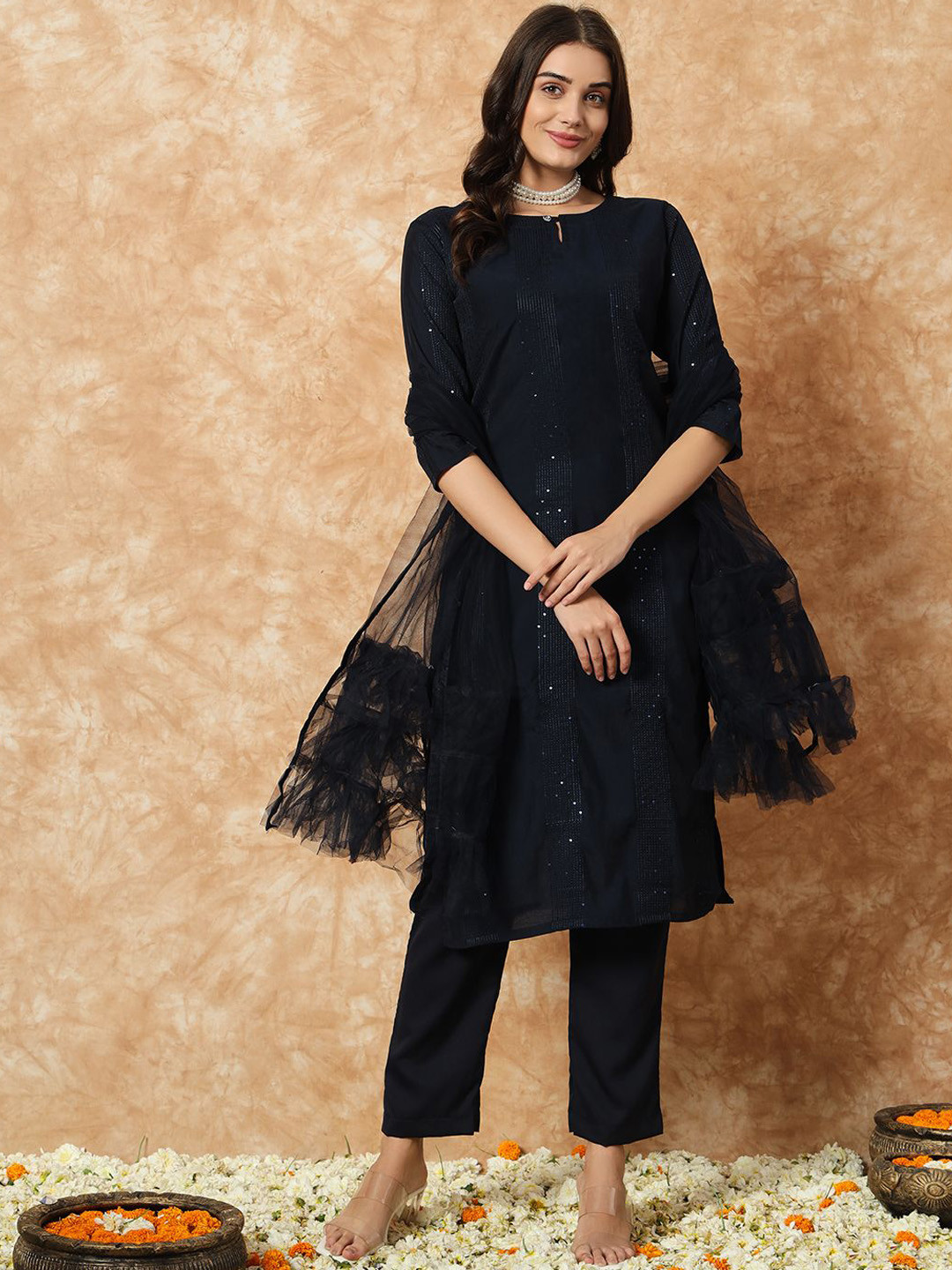 

Fashionuma Striped Keyhole Neck Sequinned Straight Kurta With Trouser & Dupatta, Black