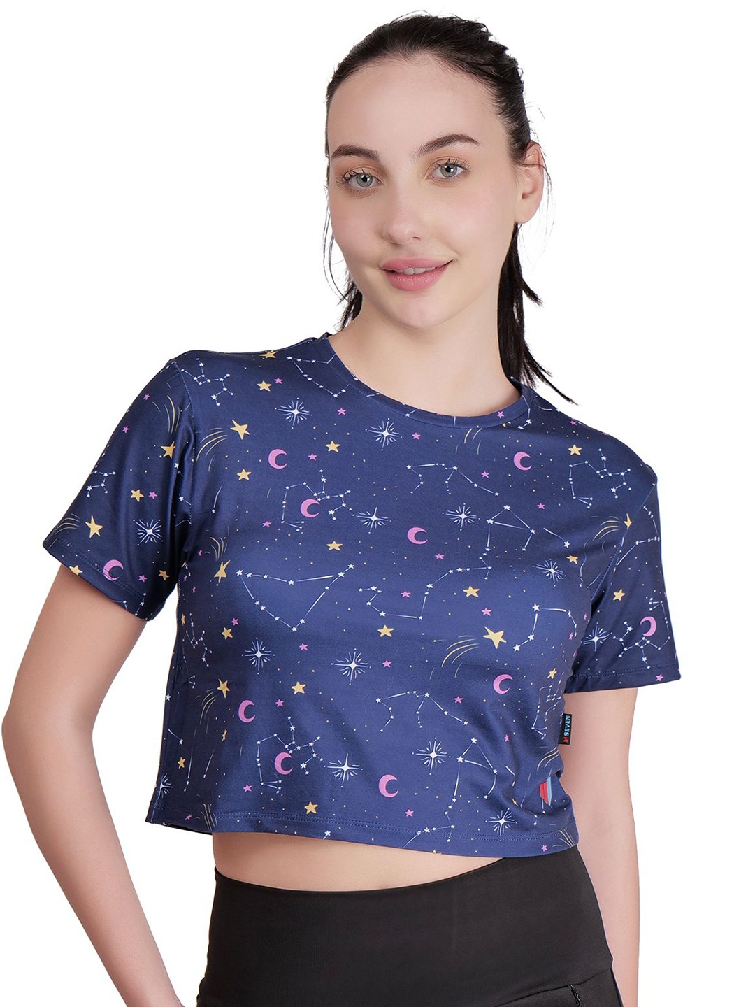 

M7 EMPIRE Women Conversational Printed Round Neck Cotton Top, Blue