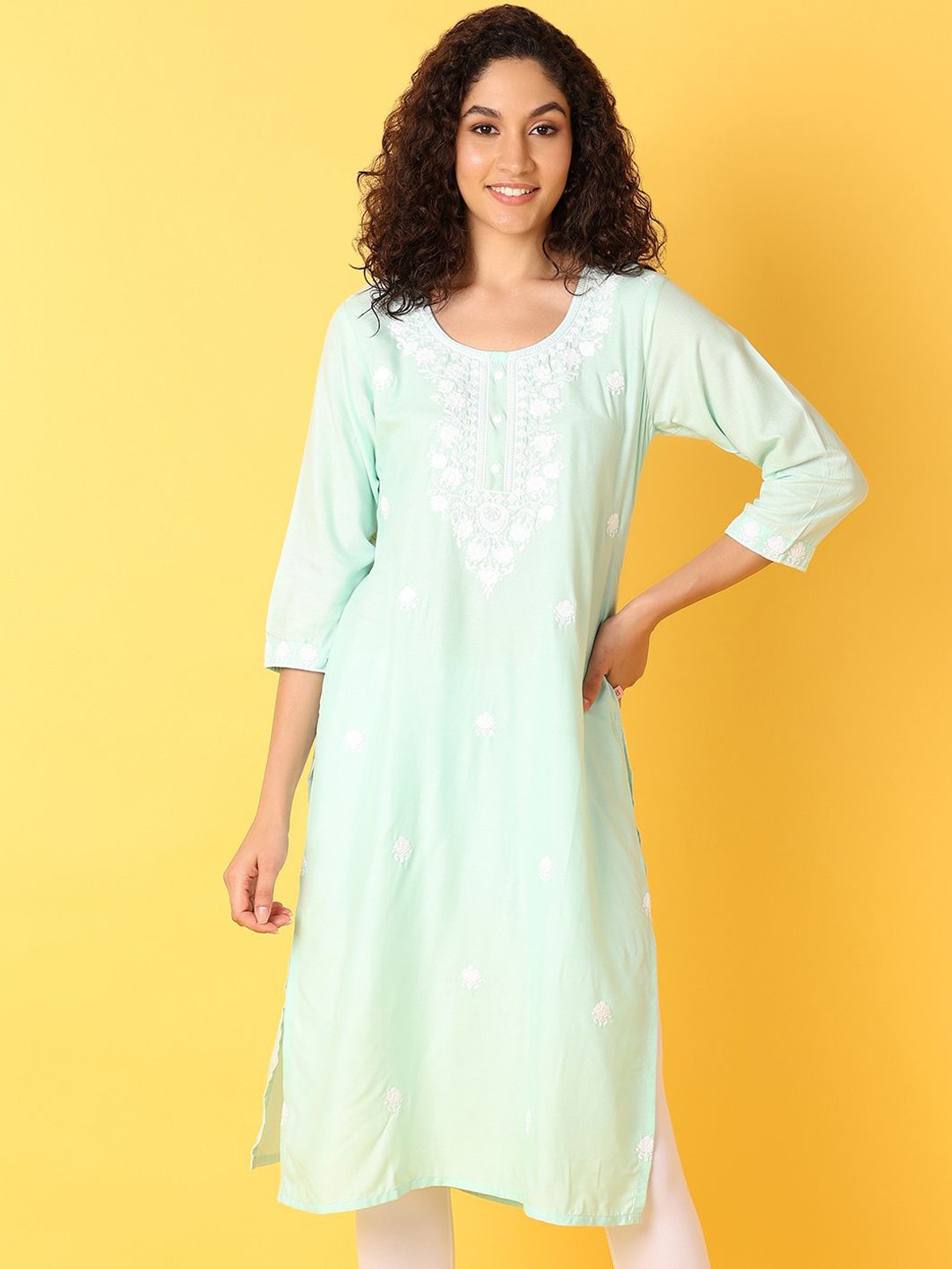 

UNLIMITED Floral Embroidered Chikankari Anarkali Kurta, Green