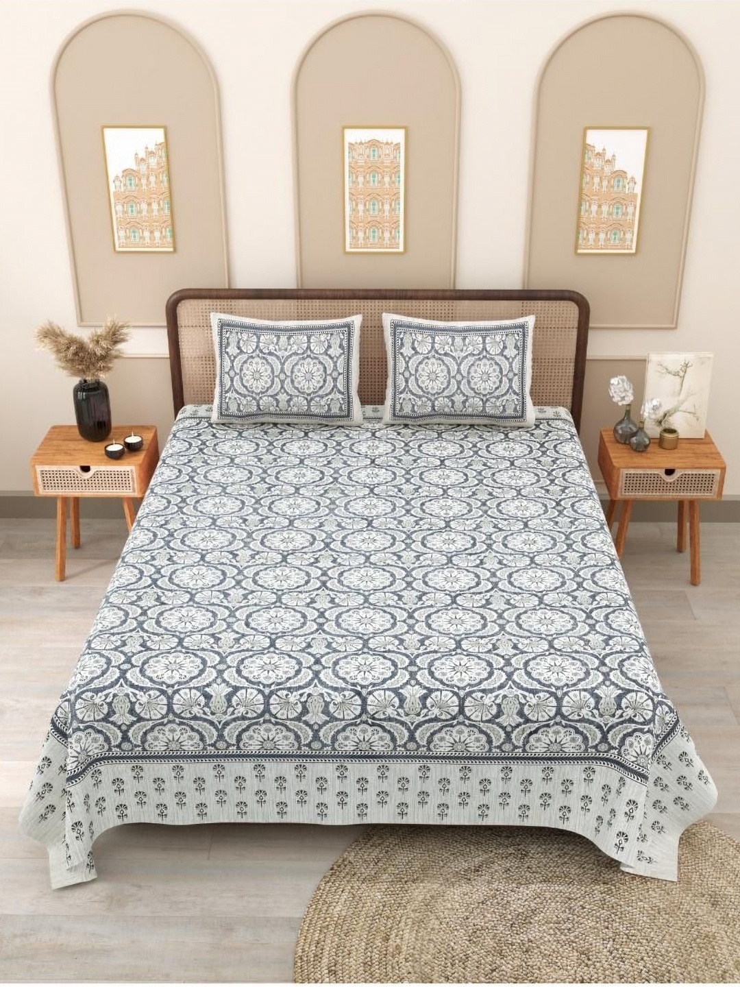 

Block Print Story Grey & White Geometric 210 TC Queen Bedsheet with 2 Pillow Covers