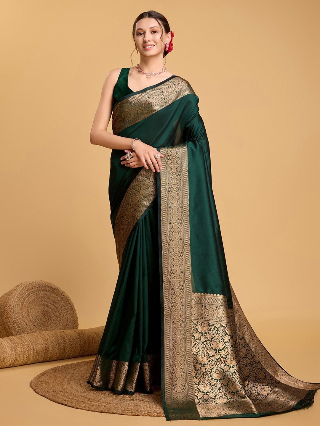 

SHOBHA SAREES Ethnic Motifs Zari Pure Silk Kanjeevaram Saree, Green