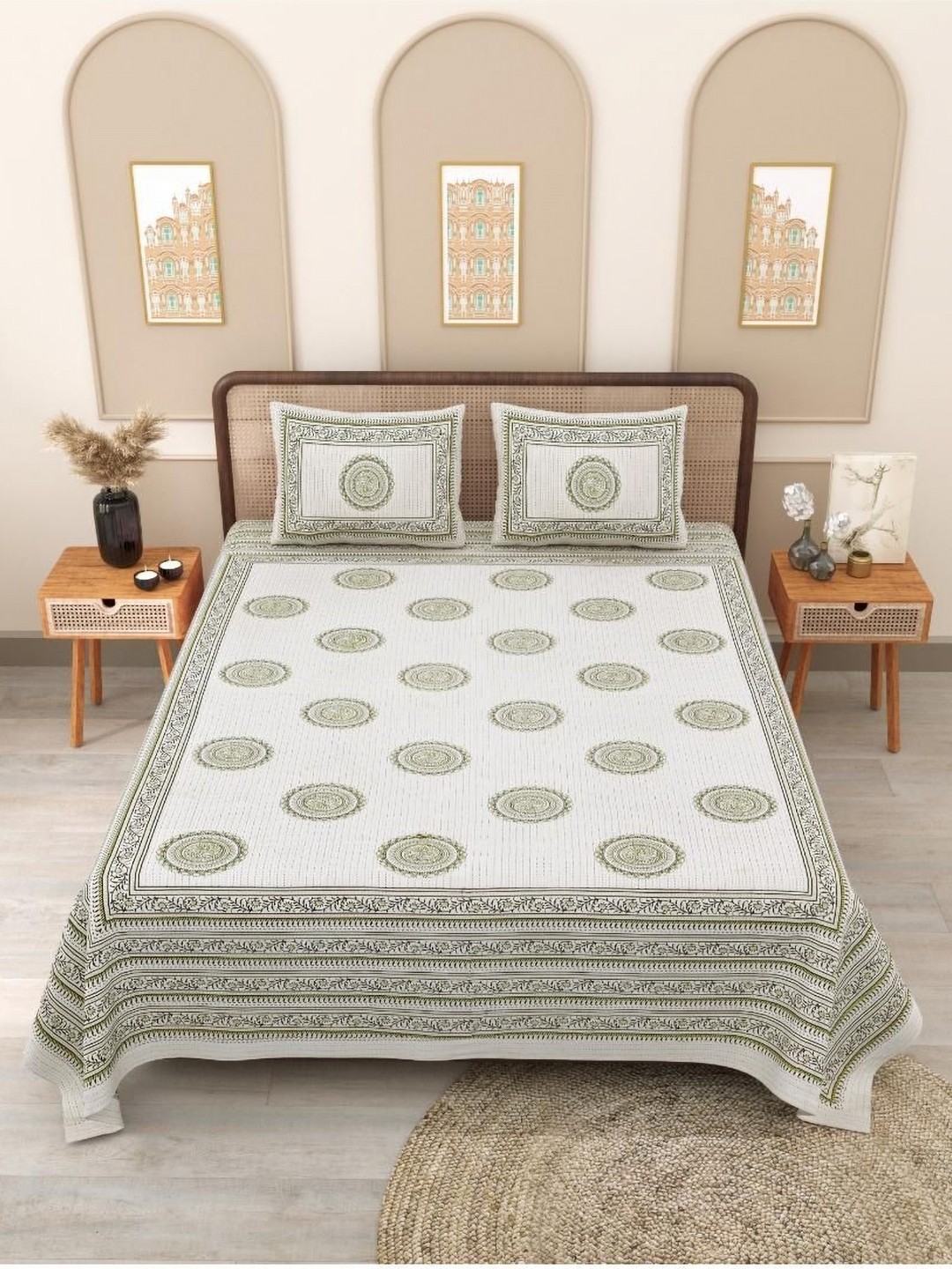 

Block Print Story White & Green Geometric 210 TC Queen Bedsheet with 2 Pillow Covers
