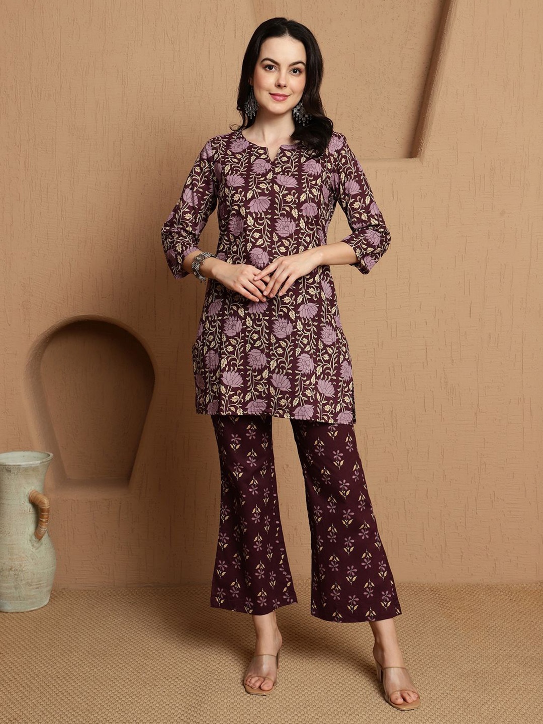 

BANDIA Floral Printed Pure Cotton Tunic With Palazzo, Purple