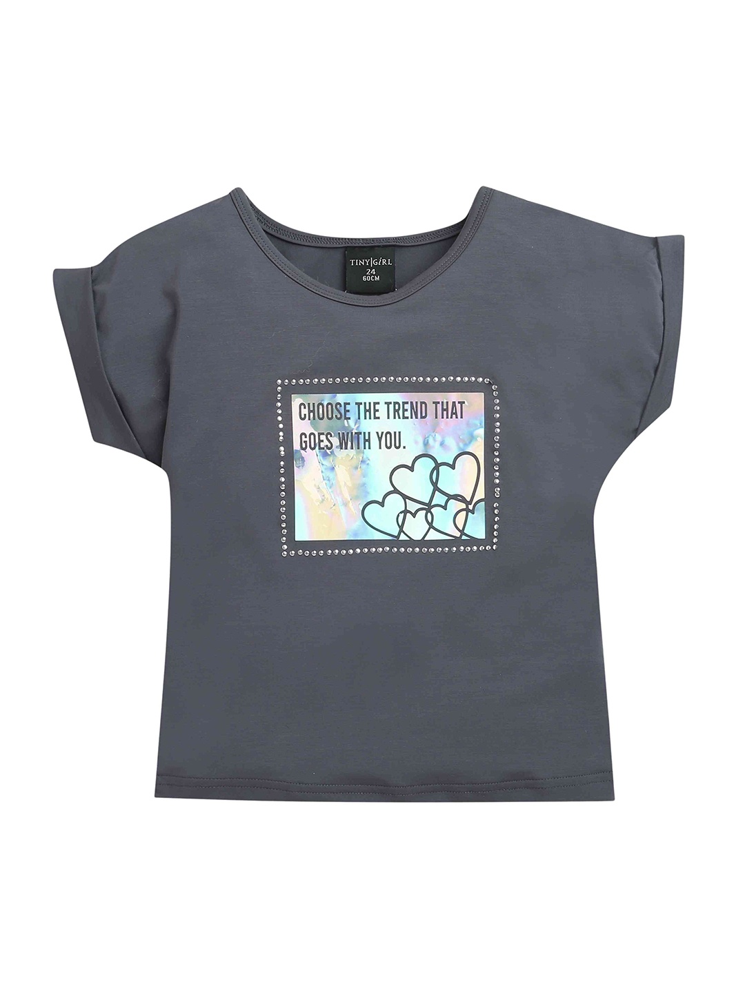 

Tiny Girl Girls Typography Printed Round Neck Cotton Top, Grey