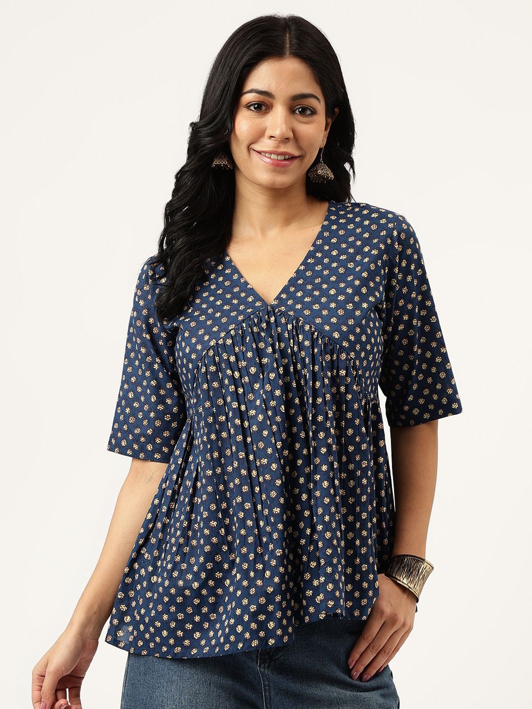 

SPARSA Women Ethnic Printed V-Neck Cotton Top, Blue