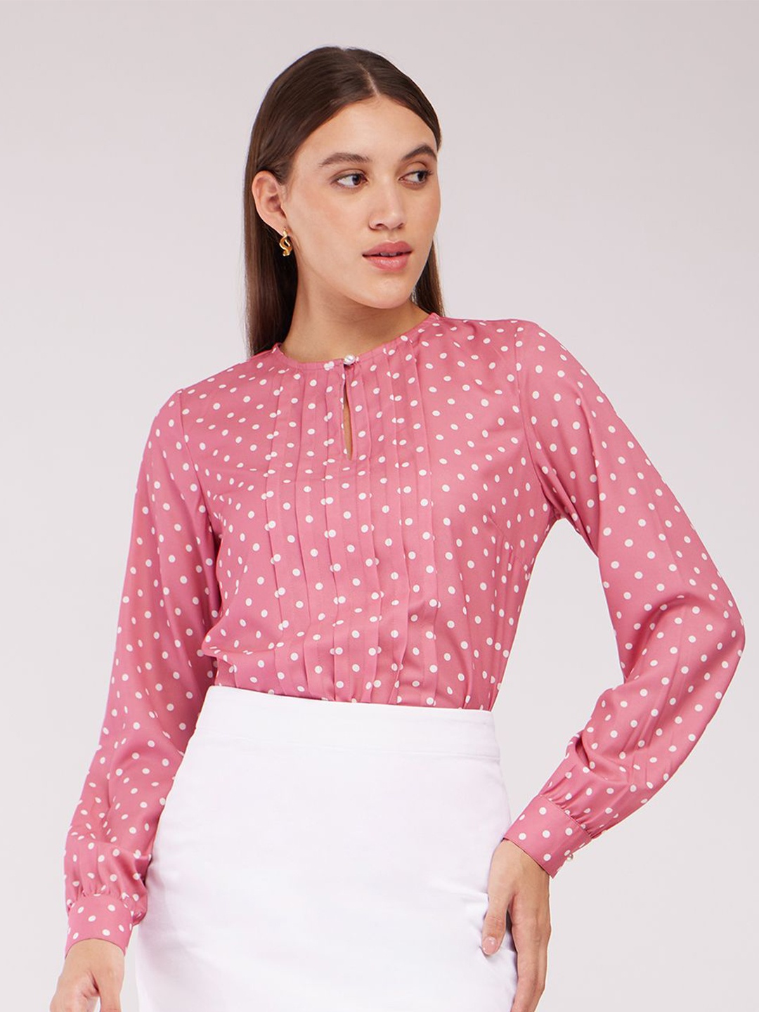 

FableStreet Women Polka Dots Printed Keyhole Neck Top, Pink