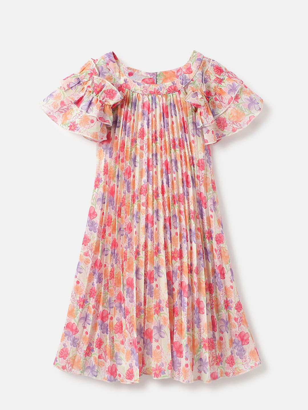 

United Colors of Benetton Girls Floral Printed Flared Sleeve A-Line Dress, Rust