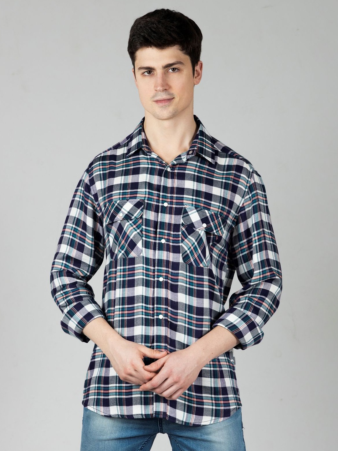 

OZMOD Men Modern Spread Collar Checked Slim Fit Casual Shirt, Navy blue