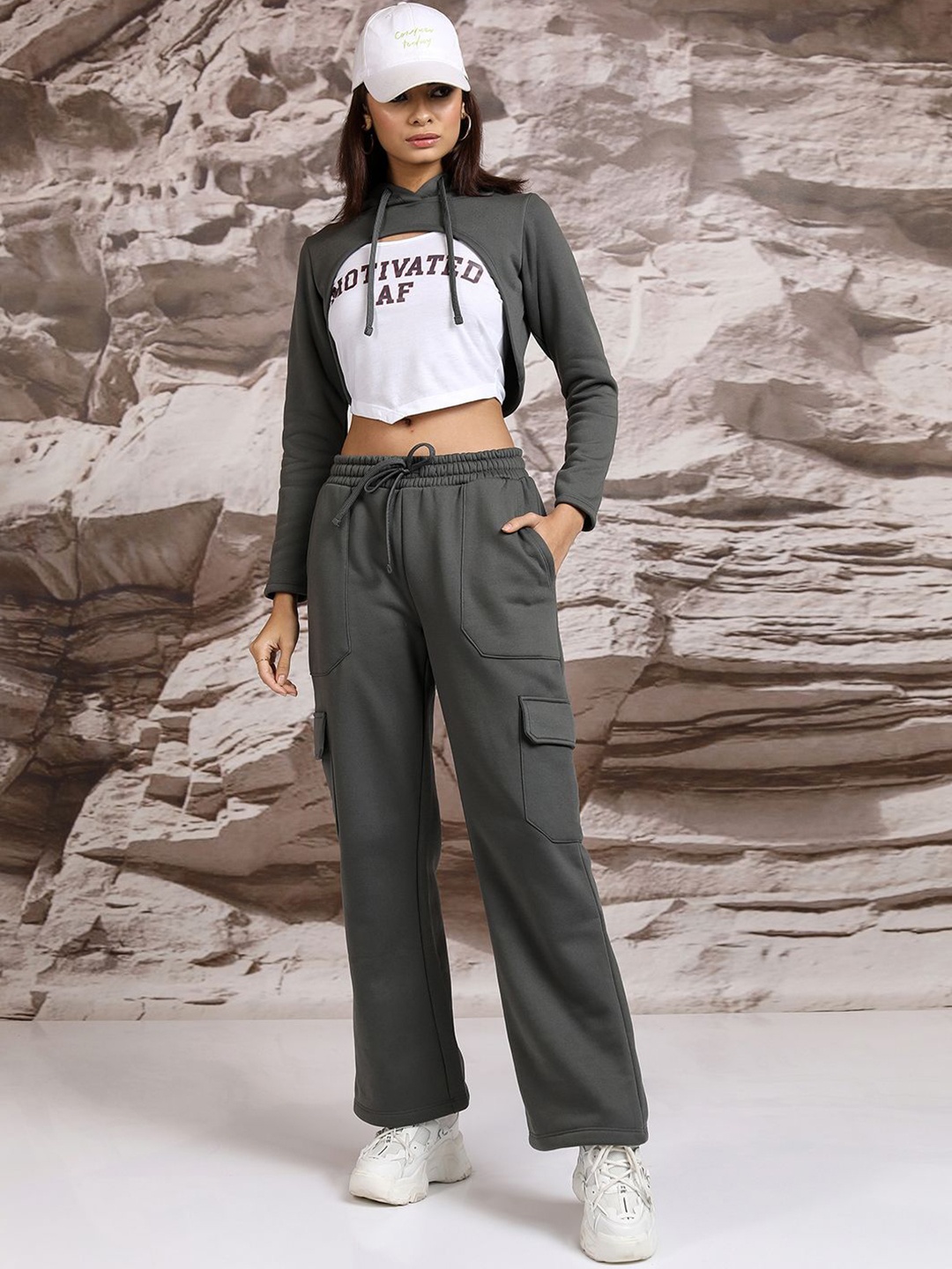 

Tokyo Talkies Hood Crop Top With Trousers Co-Ords, Grey