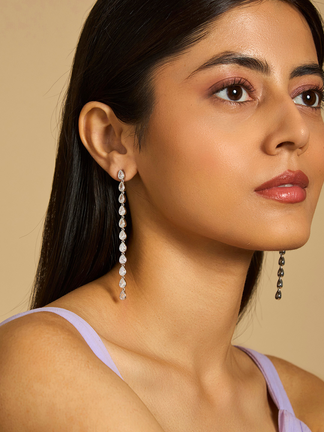 

Kushal's Fashion Jewellery Rhodium-Plated Cubic Zirconia Teardrop Shaped Drop Earrings, Silver