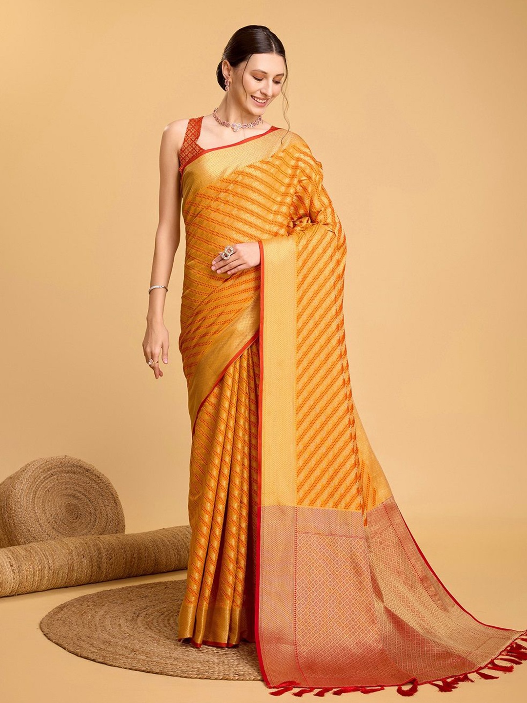 

SHOBHA SAREES Woven Design Zari Pure Silk Leheriya Saree, Mustard