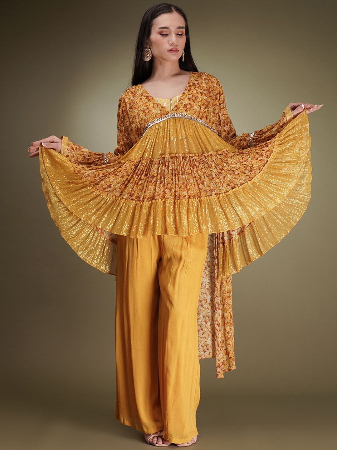 

Breathe by Aakanksha Singh Floral Printed Silk Georgette Top With Palazzo, Mustard