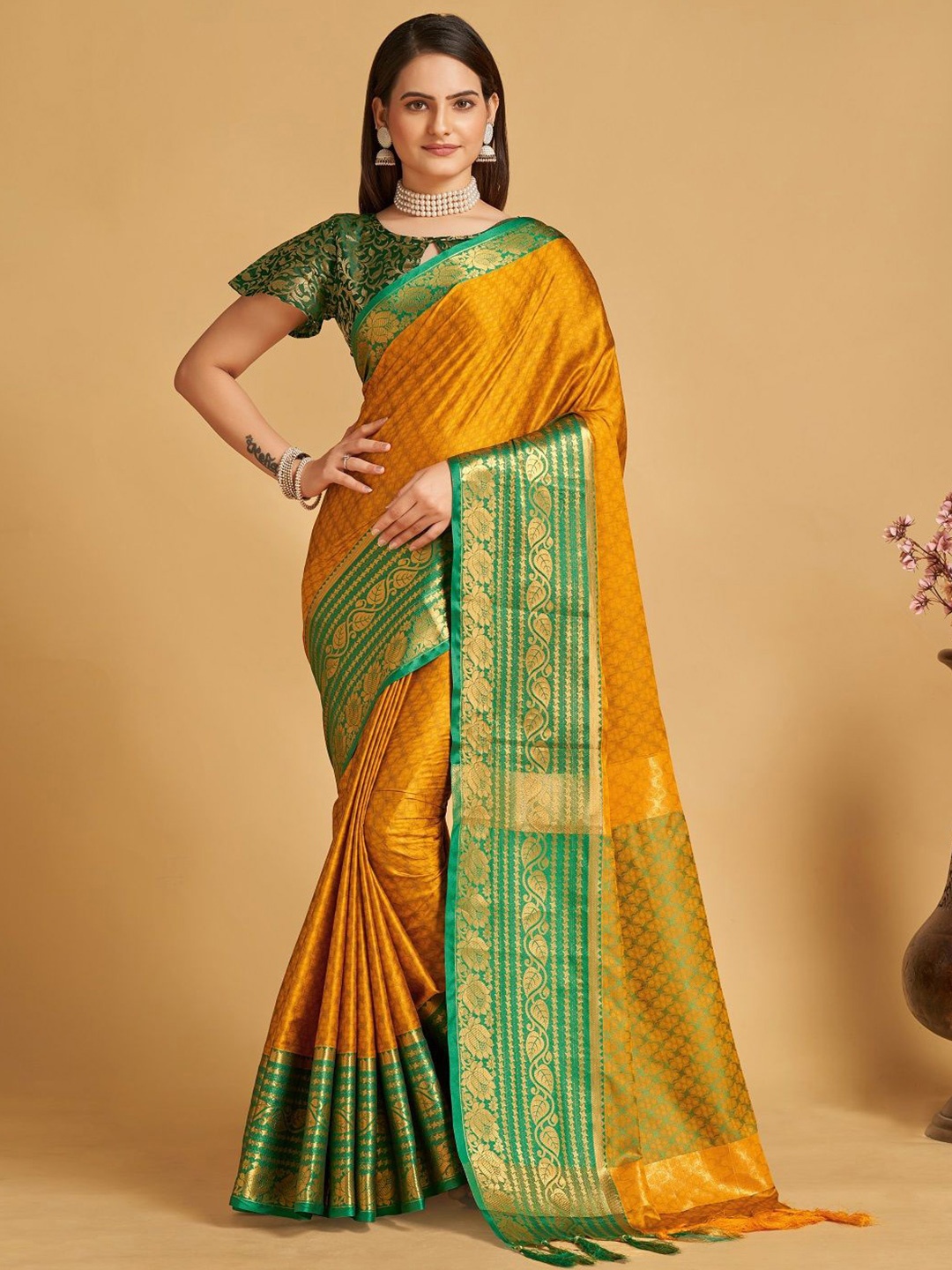 

LEOSAGI Woven Design Zari Pure Silk Banarasi Saree, Mustard