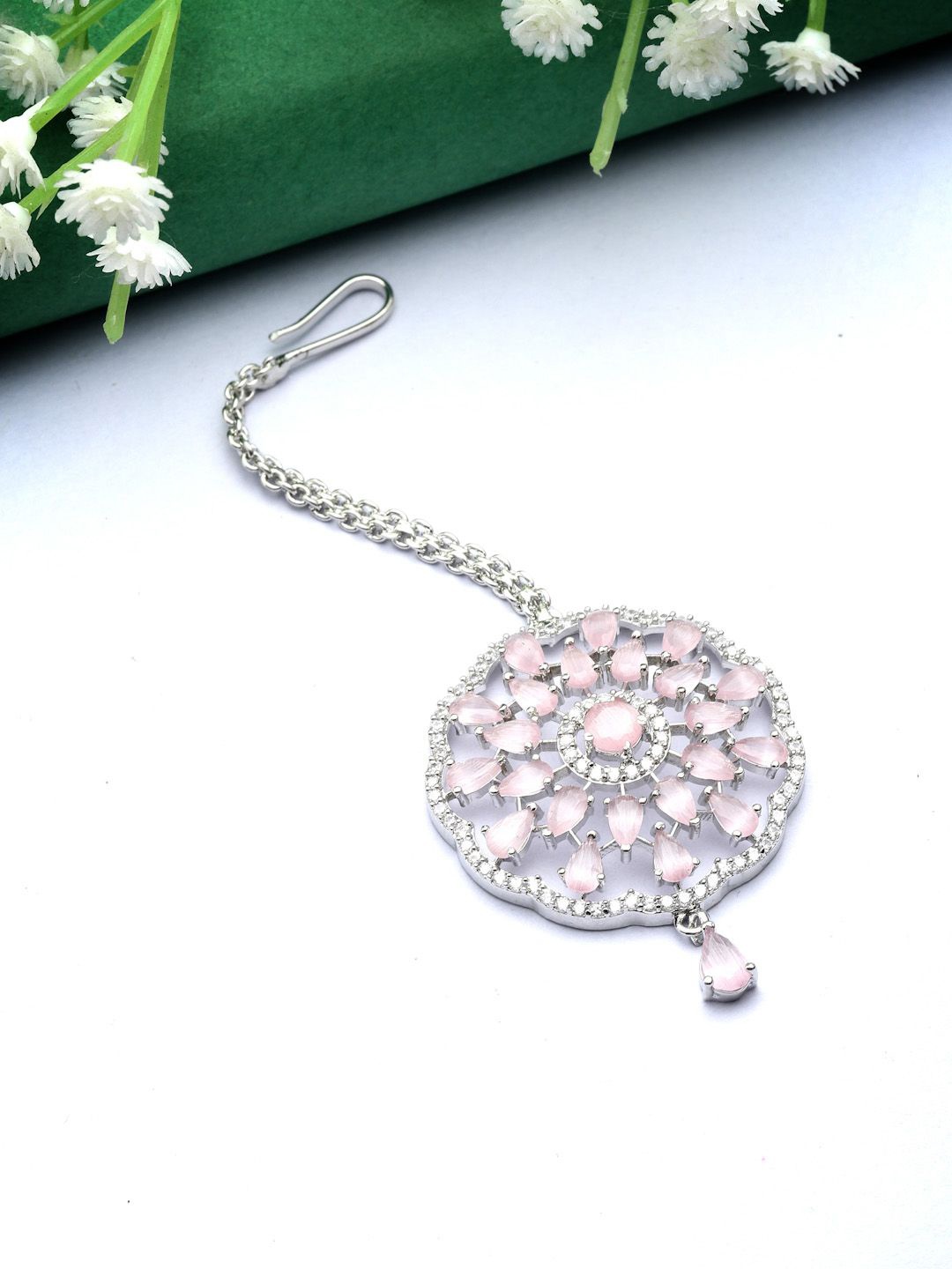 

ZENEME Rhodium-Plated American Diamond Studded Maang Tikka Head Jewellery, Silver