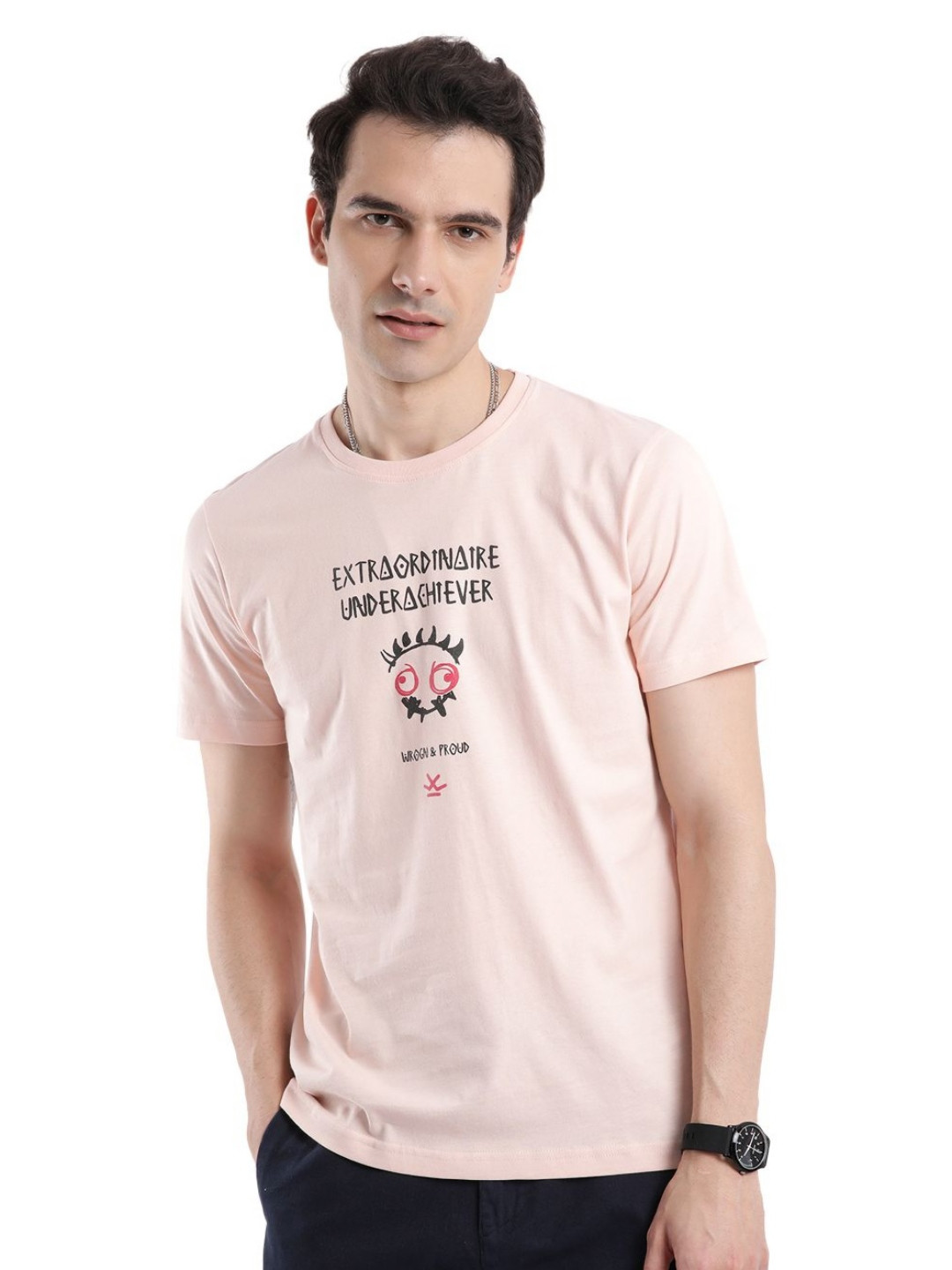 

WROGN Men Typography Printed Drop-Shoulder Sleeves Pure Cotton Pockets Slim Fit T-shirt, Pink